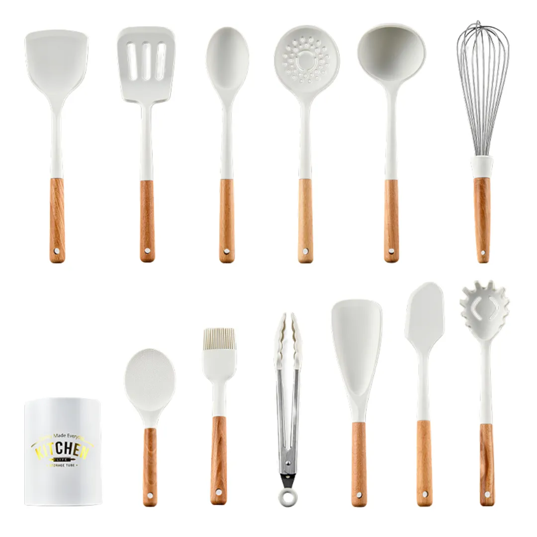 13pc White Silicone   Wooden Kitchen Utensils Set