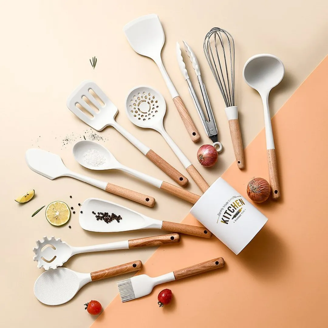 13pc White Silicone   Wooden Kitchen Utensils Set