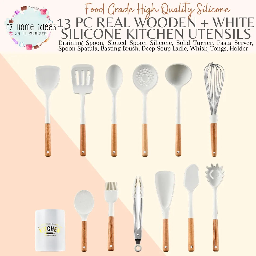 13pc White Silicone   Wooden Kitchen Utensils Set