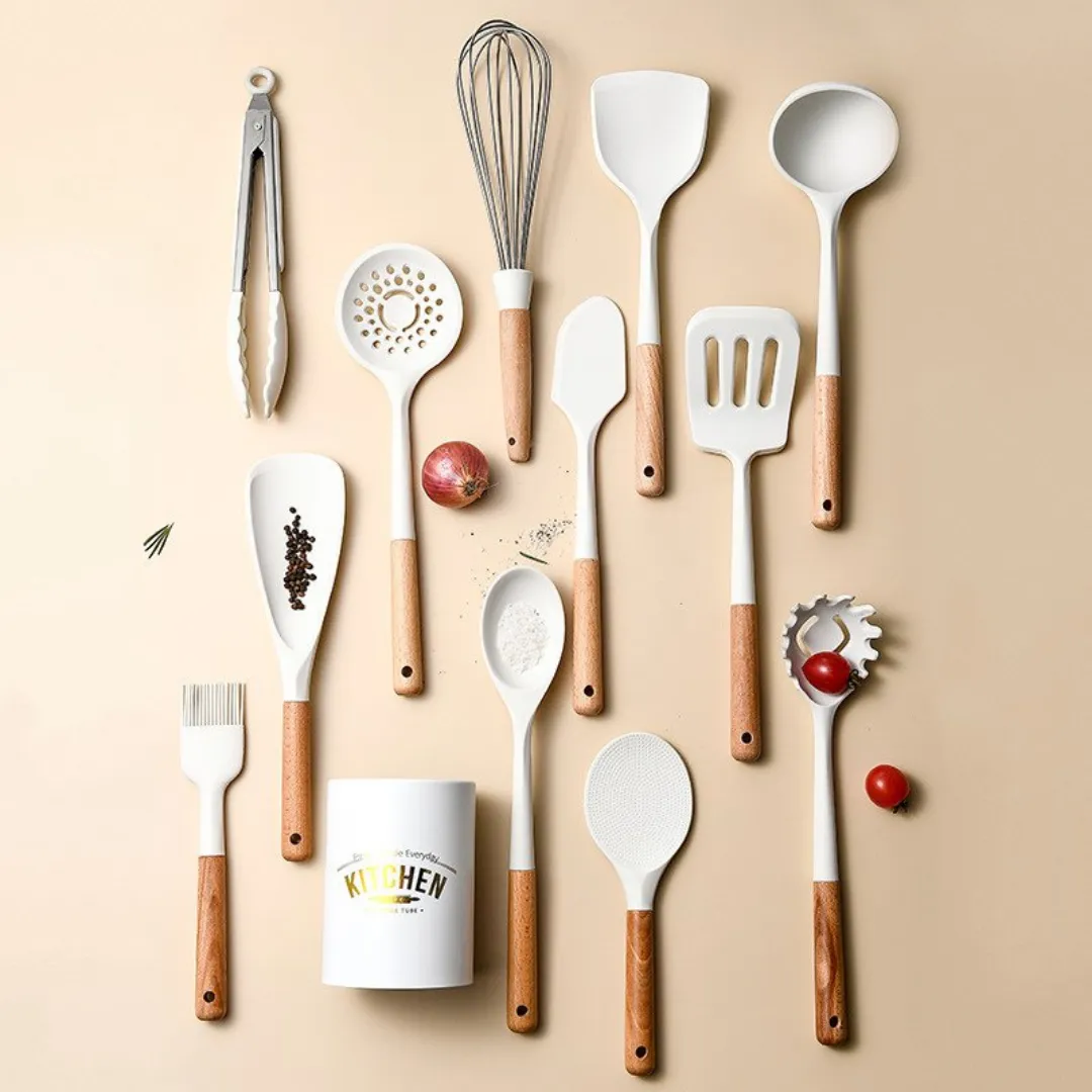 13pc White Silicone   Wooden Kitchen Utensils Set