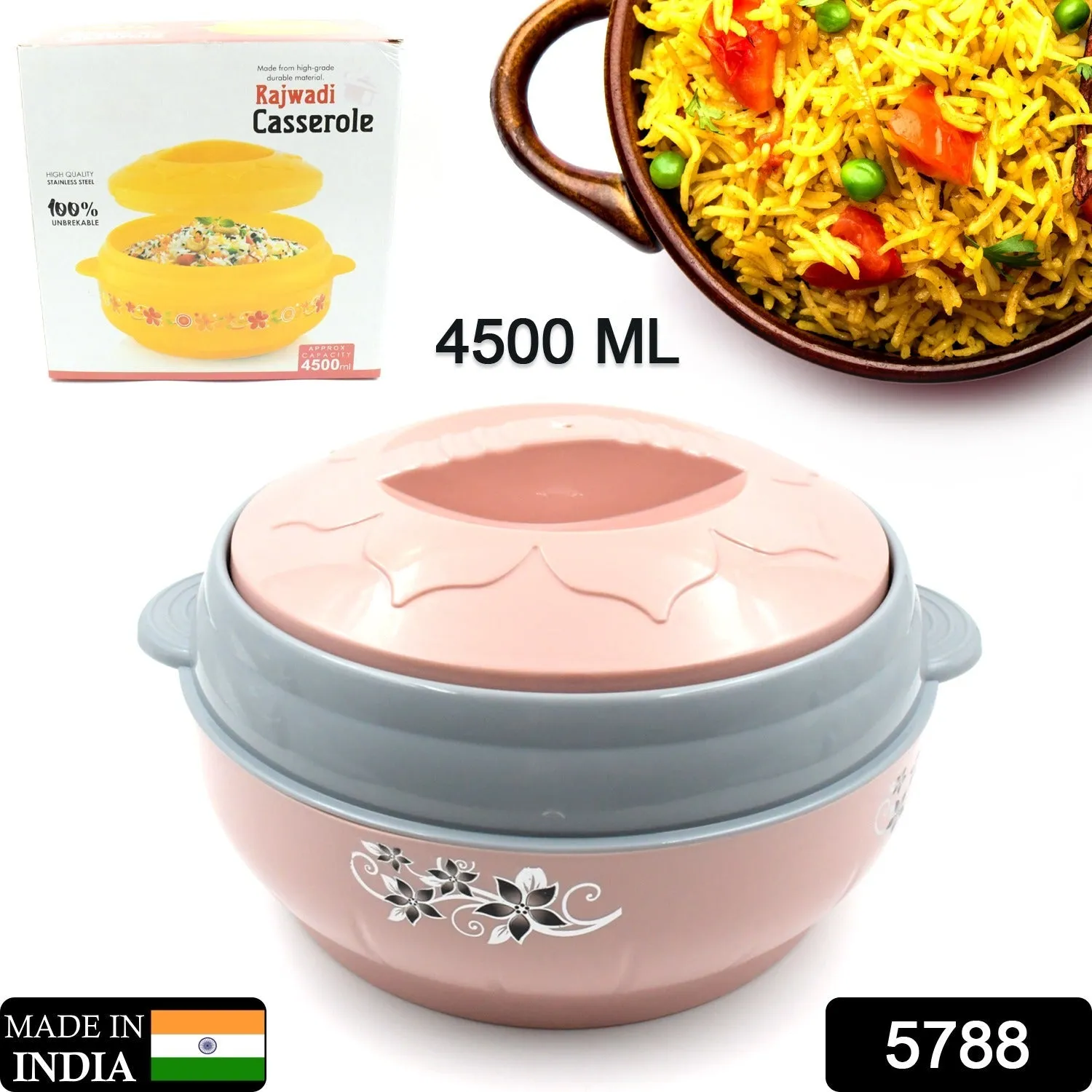 5788 High Quality Steel Casserole Box for Food Serving Inner Steel Insulated Casserole Hot Pot Flowers Printed Chapati Box for Roti Kitchen (Approx 4500 ml)