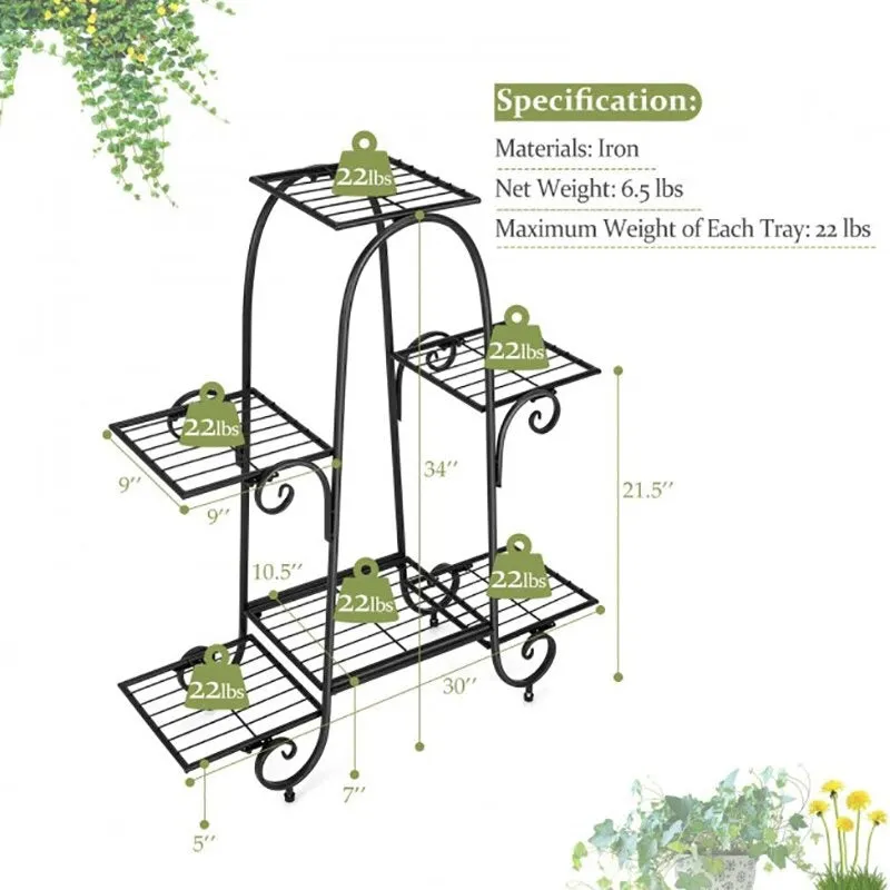 6 Tier Flower Pot Stand Wrought Iron Plant Holder Metal Rack Display