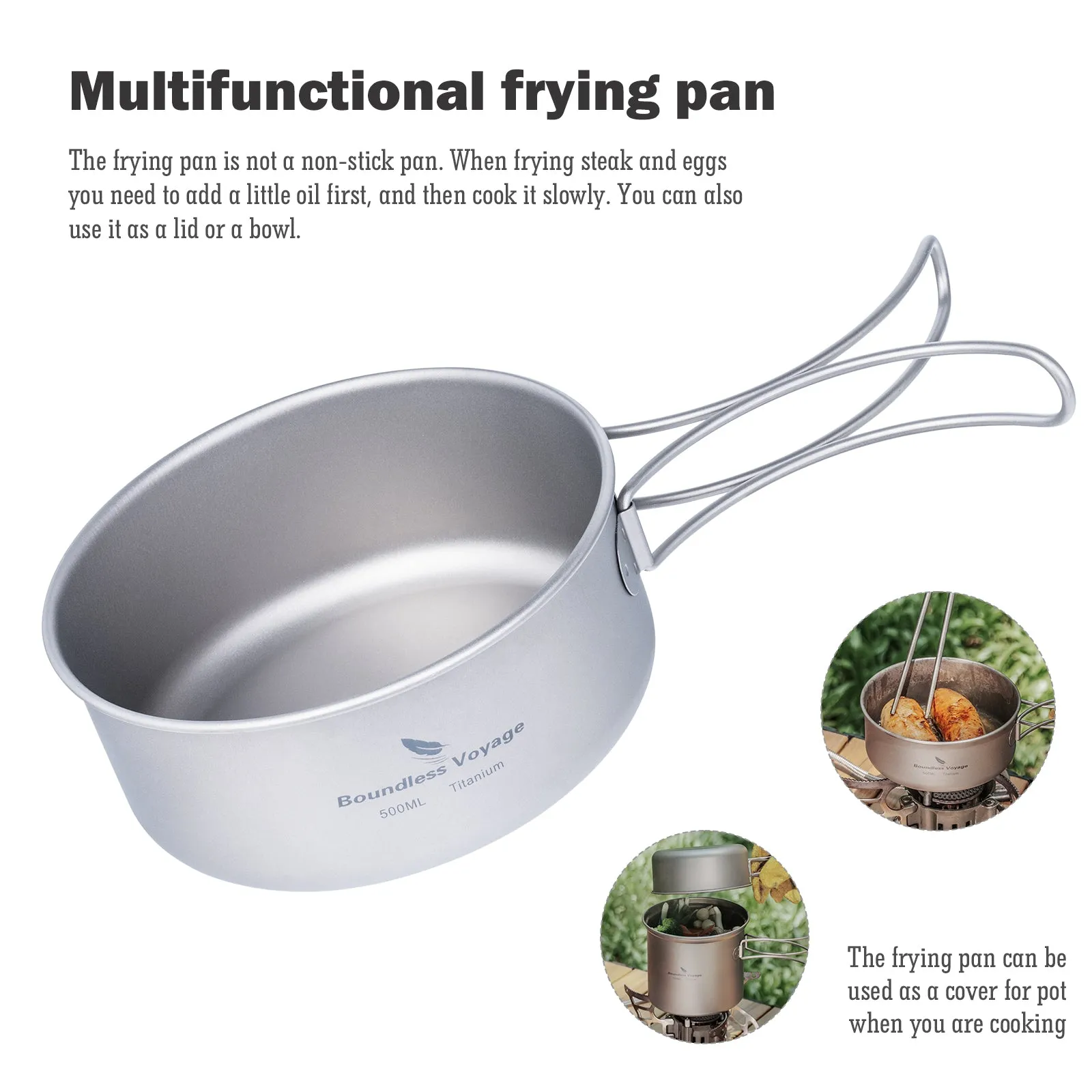 Boundless Voyage Outdoor Camping Titanium Pot Pan set with Folding Handle Picnic Hiking Mess Kit Cookware