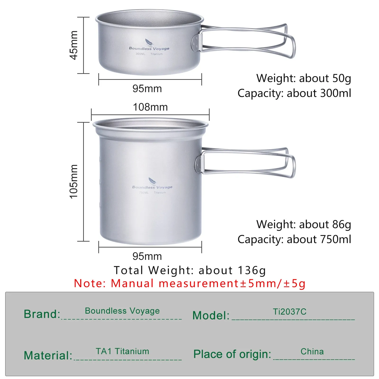 Boundless Voyage Outdoor Camping Titanium Pot Pan set with Folding Handle Picnic Hiking Mess Kit Cookware