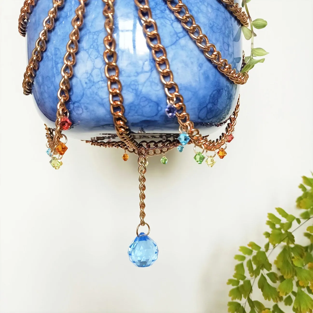 Copper Chain & Rainbow Pendant Hanging Pot - Blue Tie-dye