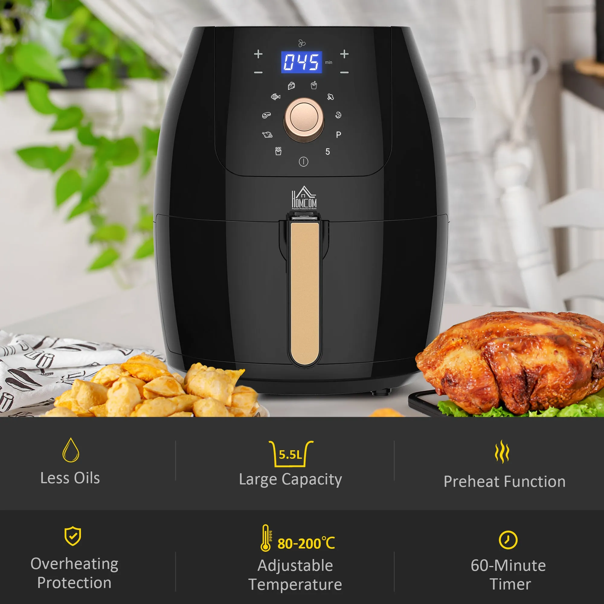 Digital Air Fryer 1700W 5.5L with Rapid Air Circulation System Adjustable Temperature 60 Min Timer for Healthy Oil Free Low Fat