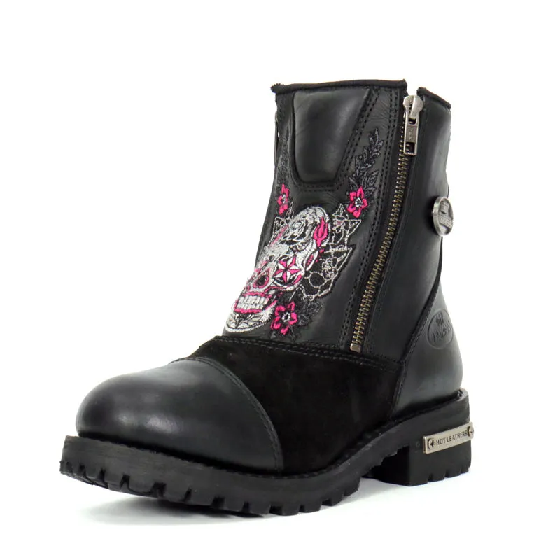 Hot Leathers BTL1009 Ladies Black Double Zip Sugar Skull Cap Toe Leather Boot