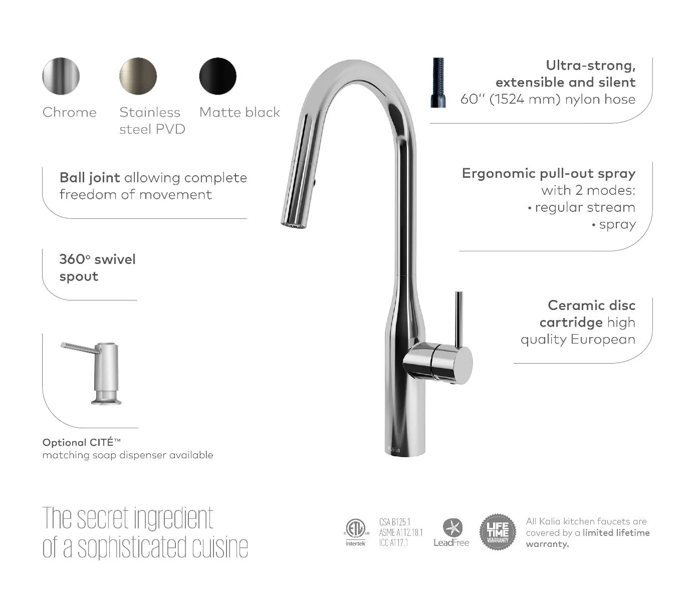 KALIA- KAVIAR- KALIA , Stainless Steel, Pull-Down kitchen faucet with spray head