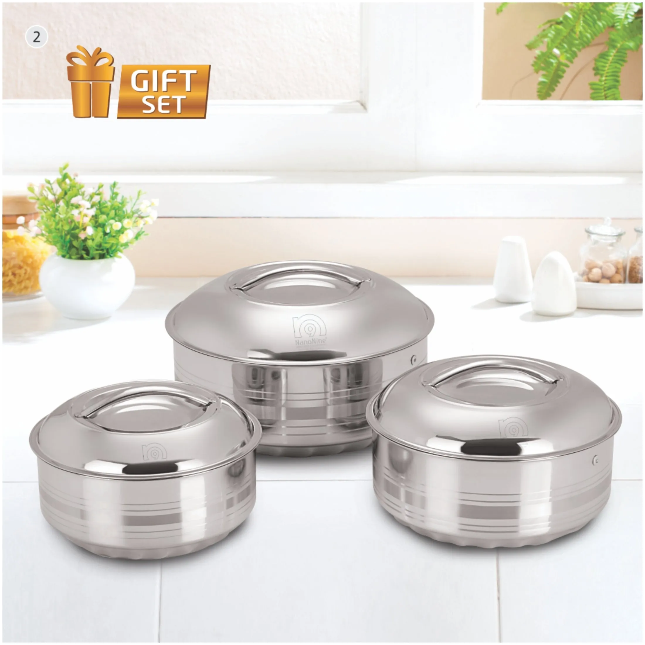 NanoNine Hot Shine 0.5 L   0.9 L   1.4 L Double Wall Insulated Hot Pot Stainless- Steel Casserole Set with Steel Lid.