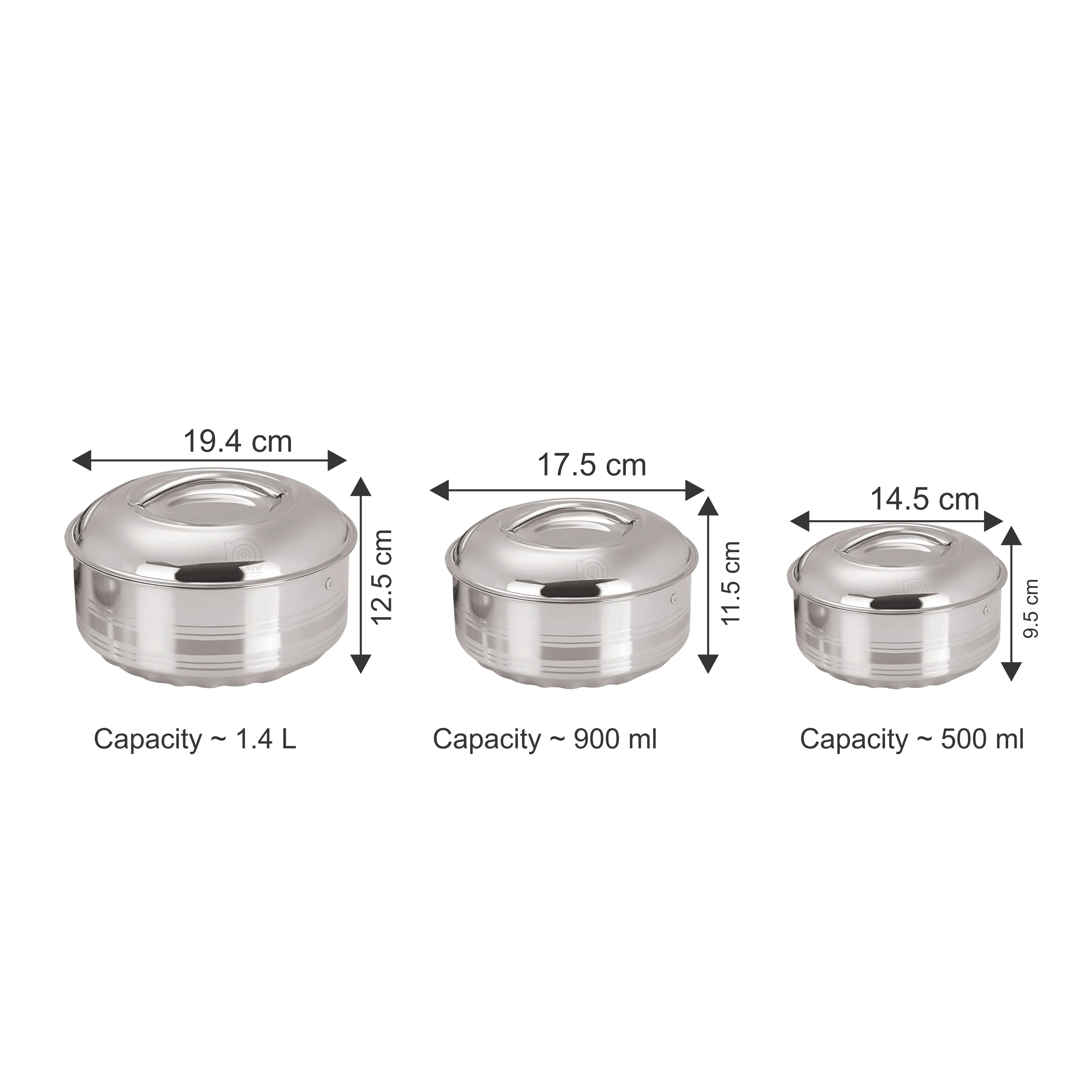 NanoNine Hot Shine 0.5 L   0.9 L   1.4 L Double Wall Insulated Hot Pot Stainless- Steel Casserole Set with Steel Lid.