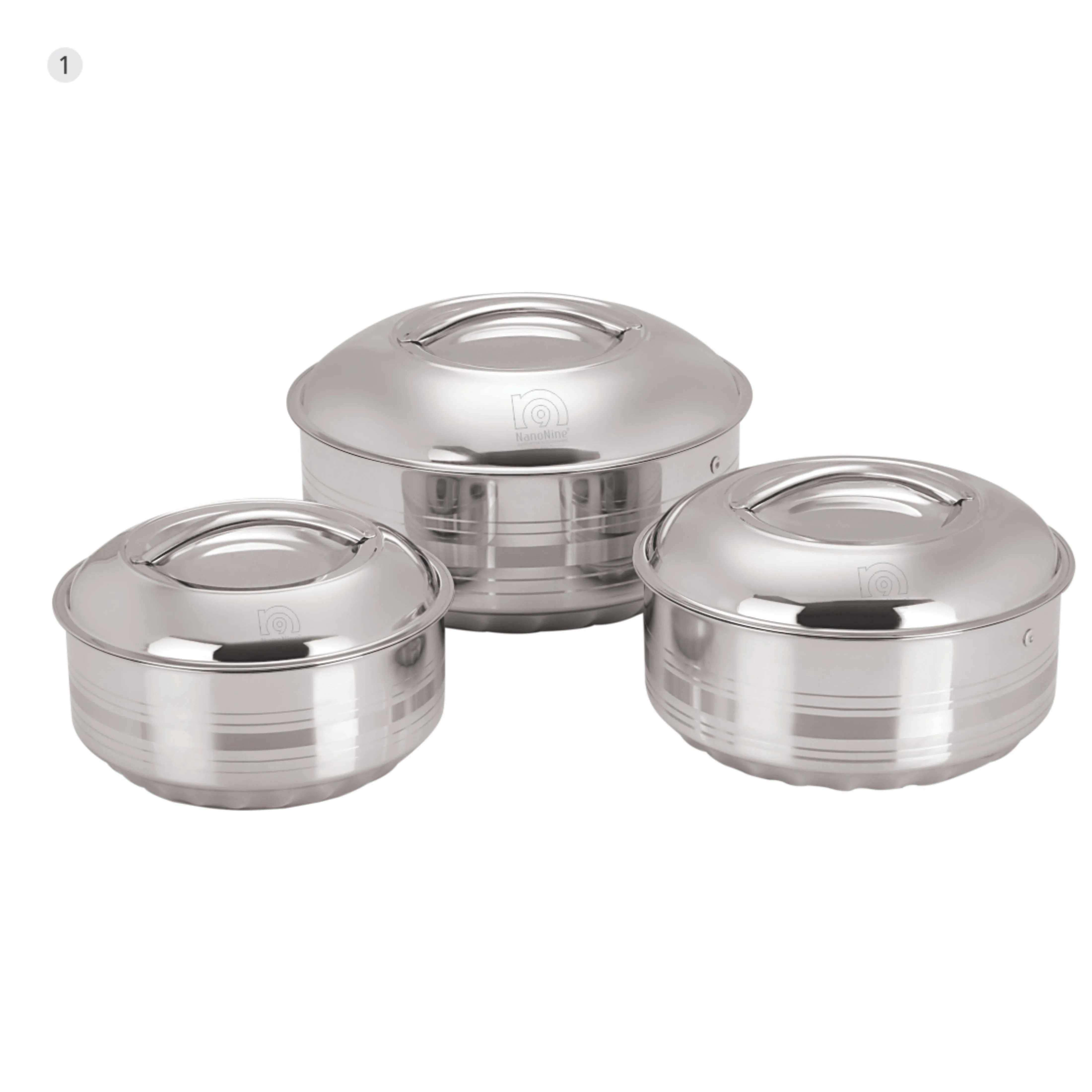 NanoNine Hot Shine 0.5 L   0.9 L   1.4 L Double Wall Insulated Hot Pot Stainless- Steel Casserole Set with Steel Lid.