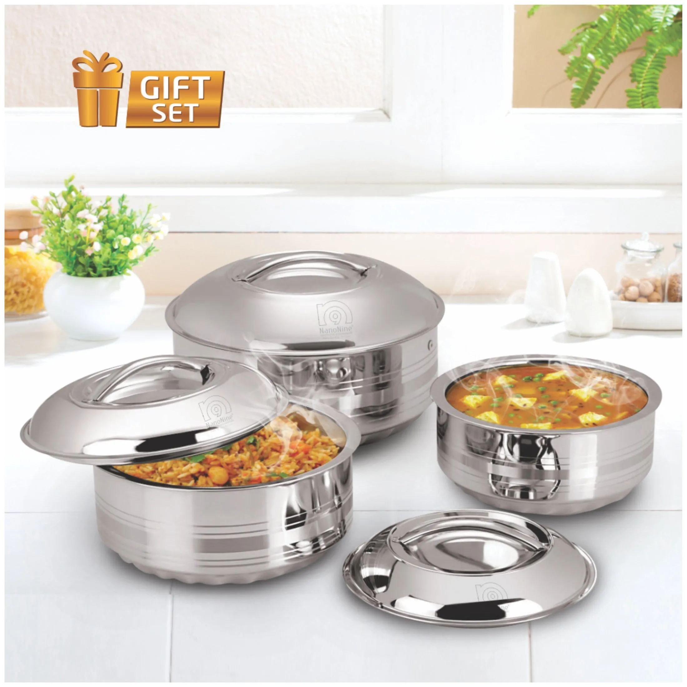 NanoNine Hot Shine 0.5 L   0.9 L   1.4 L Double Wall Insulated Hot Pot Stainless- Steel Casserole Set with Steel Lid.