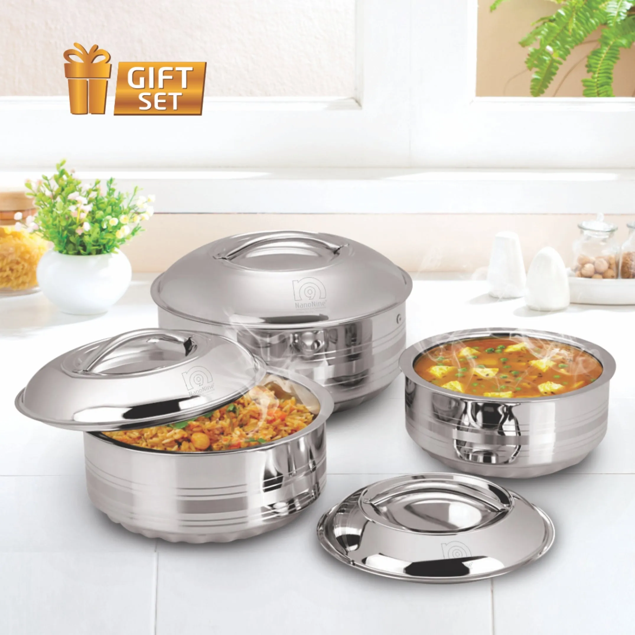 NanoNine Hot Shine 900 ml   1.4 L   1.9 L Double Wall Insulated Hot Pot Stainless- Steel Casserole with Steel Lid.