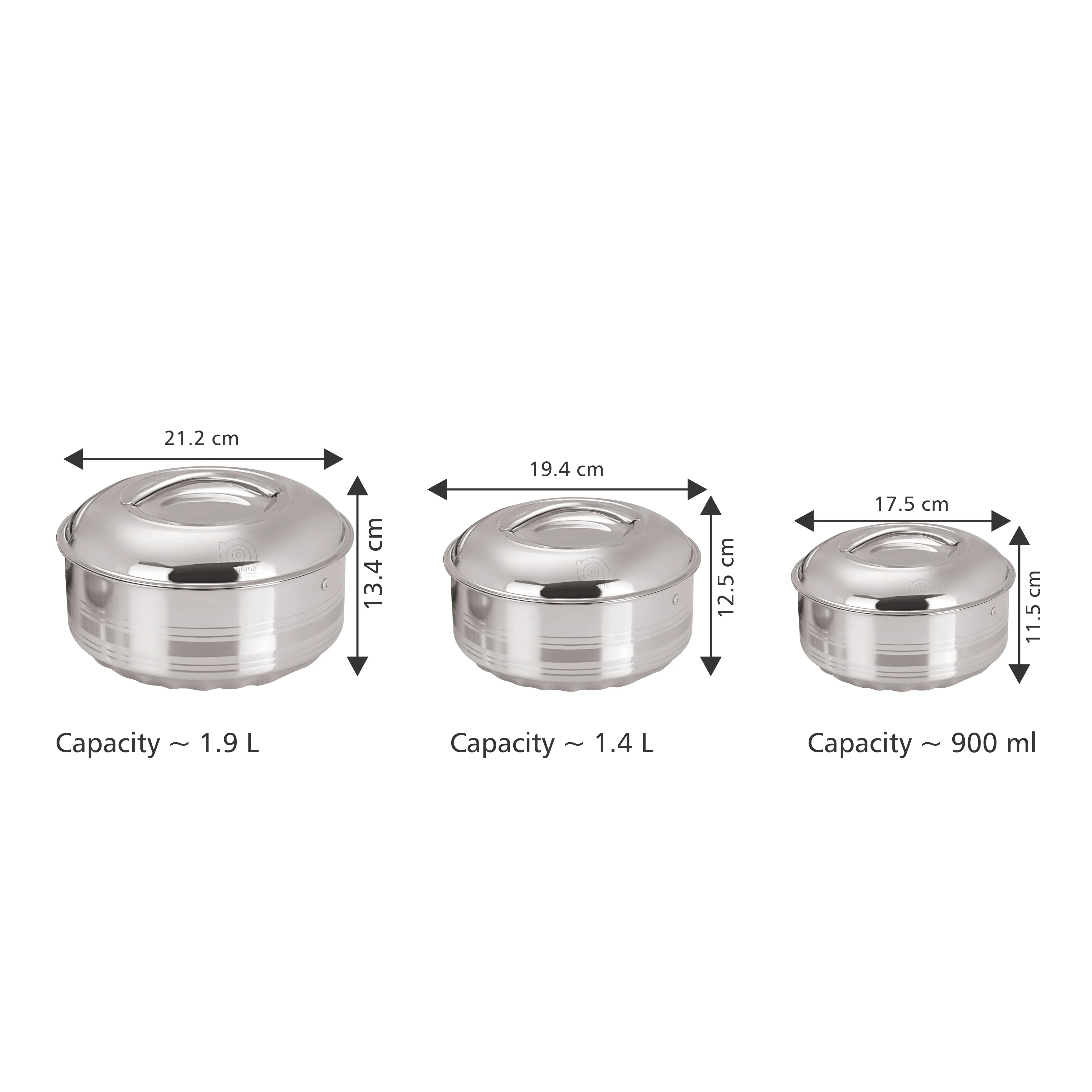 NanoNine Hot Shine 900 ml   1.4 L   1.9 L Double Wall Insulated Hot Pot Stainless- Steel Casserole with Steel Lid.