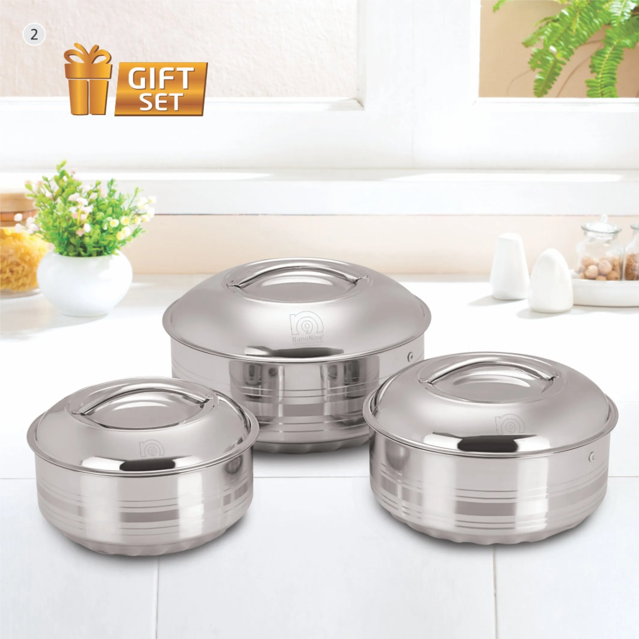 NanoNine Hot Shine 900 ml   1.4 L   1.9 L Double Wall Insulated Hot Pot Stainless- Steel Casserole with Steel Lid.