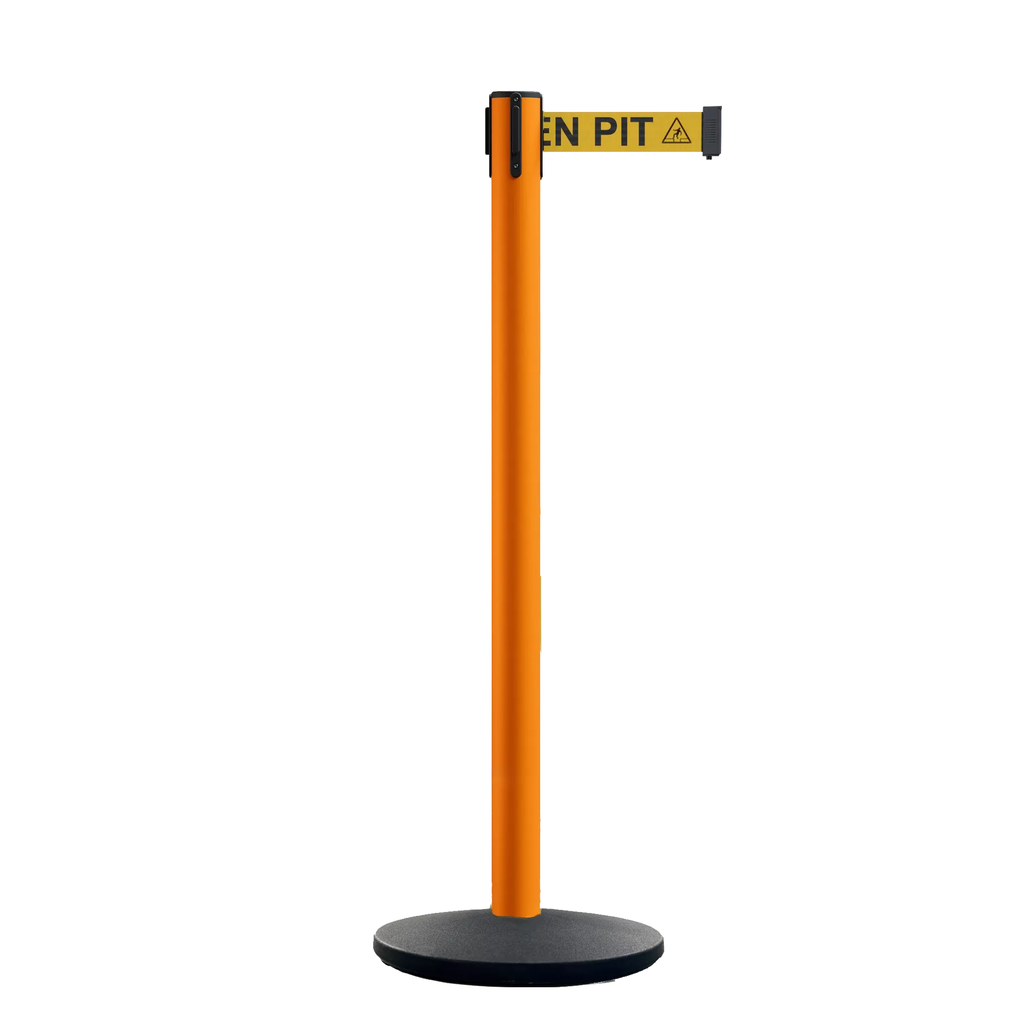 Retractable Belt Barrier Stanchion, Orange Post, Cast Iron Base, 13 Ft. Belt - Montour Line MSI630