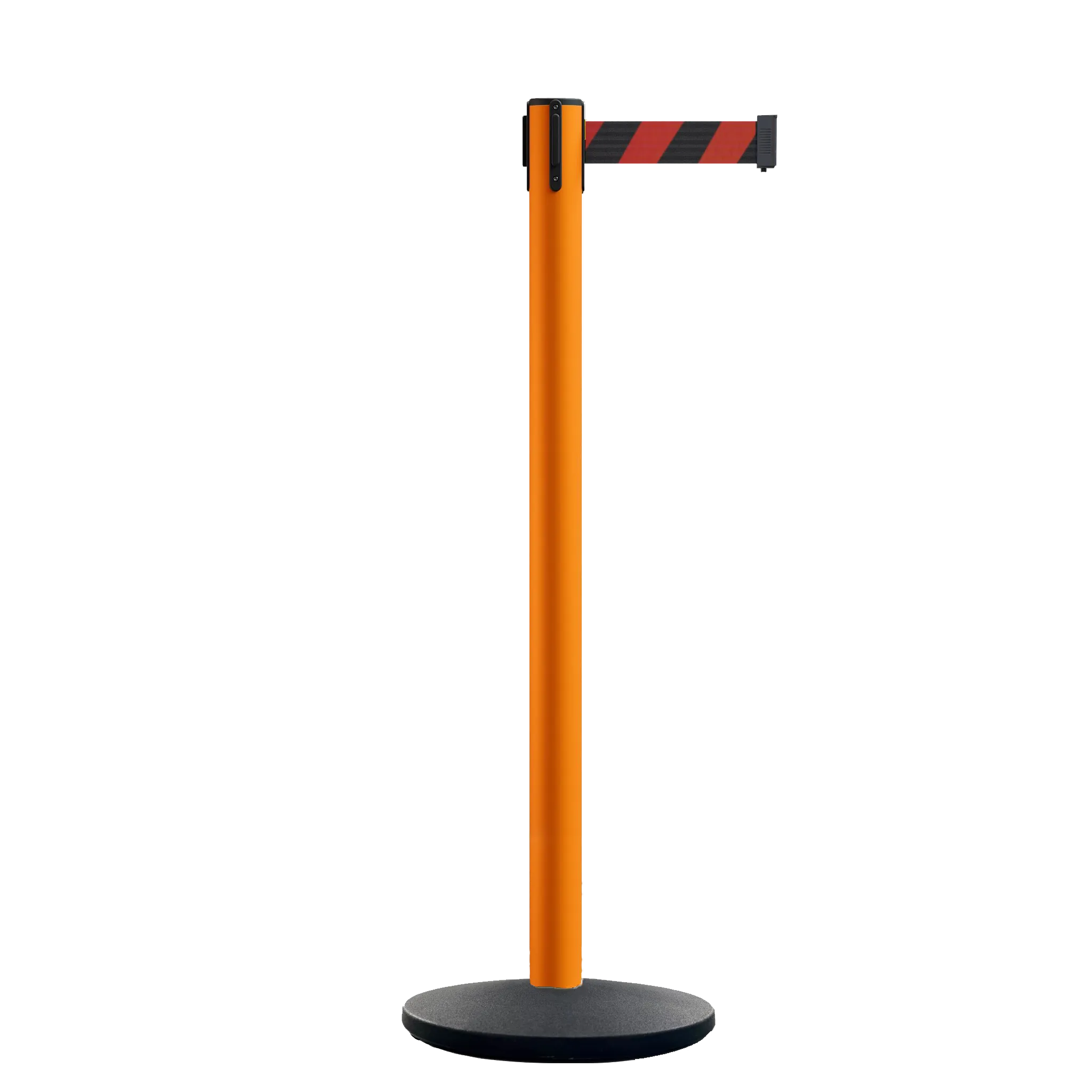 Retractable Belt Barrier Stanchion, Orange Post, Cast Iron Base, 13 Ft. Belt - Montour Line MSI630