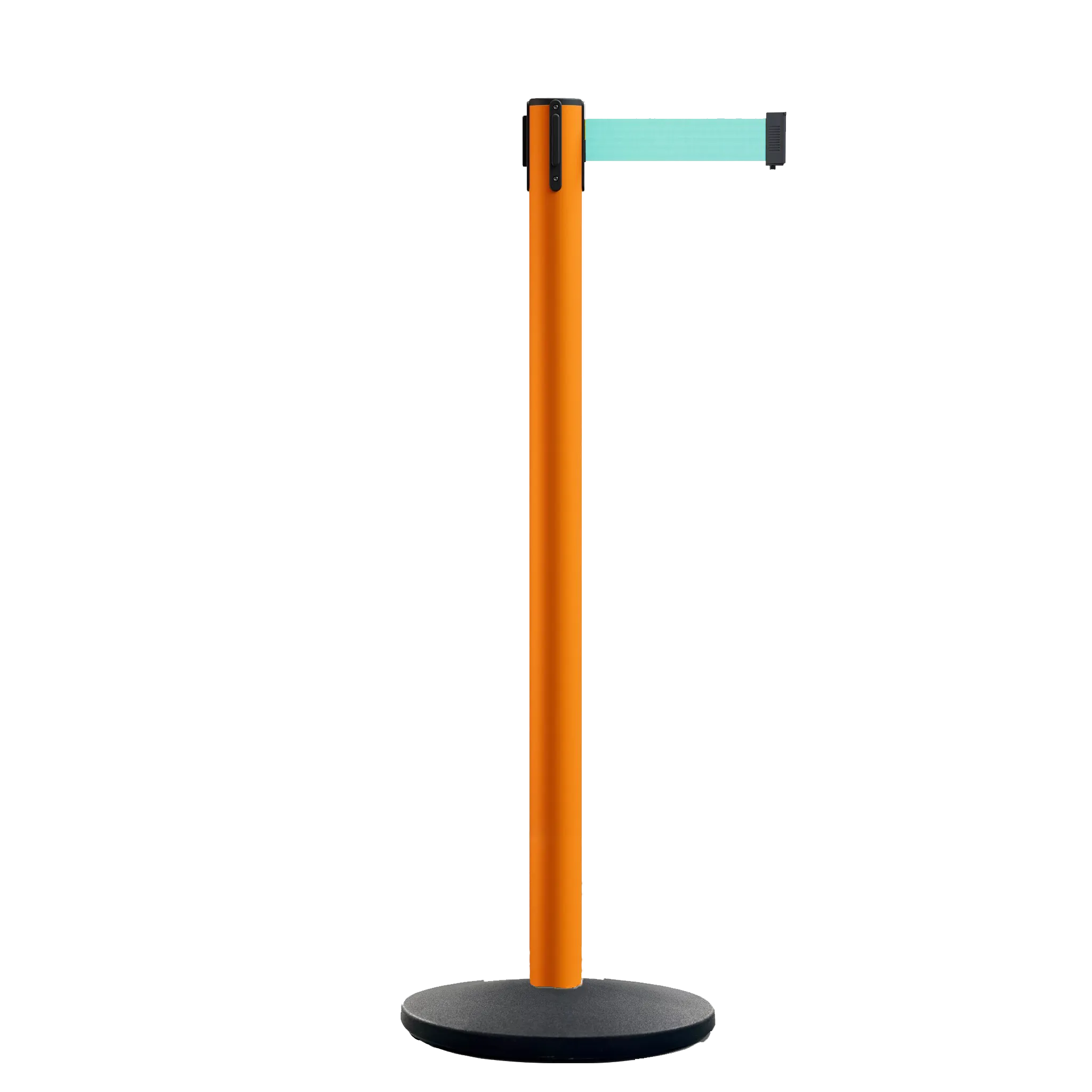 Retractable Belt Barrier Stanchion, Orange Post, Cast Iron Base, 13 Ft. Belt - Montour Line MSI630