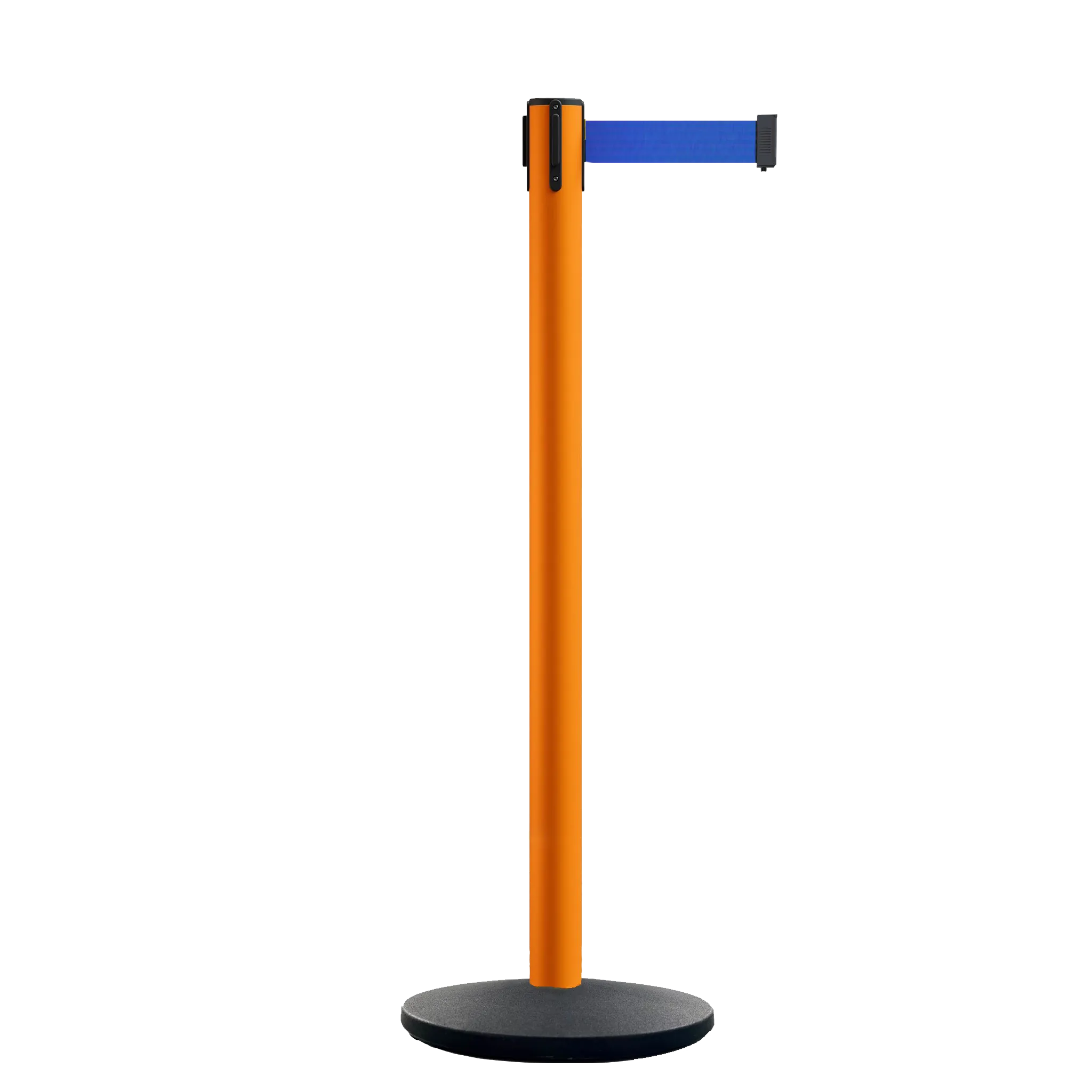 Retractable Belt Barrier Stanchion, Orange Post, Cast Iron Base, 13 Ft. Belt - Montour Line MSI630