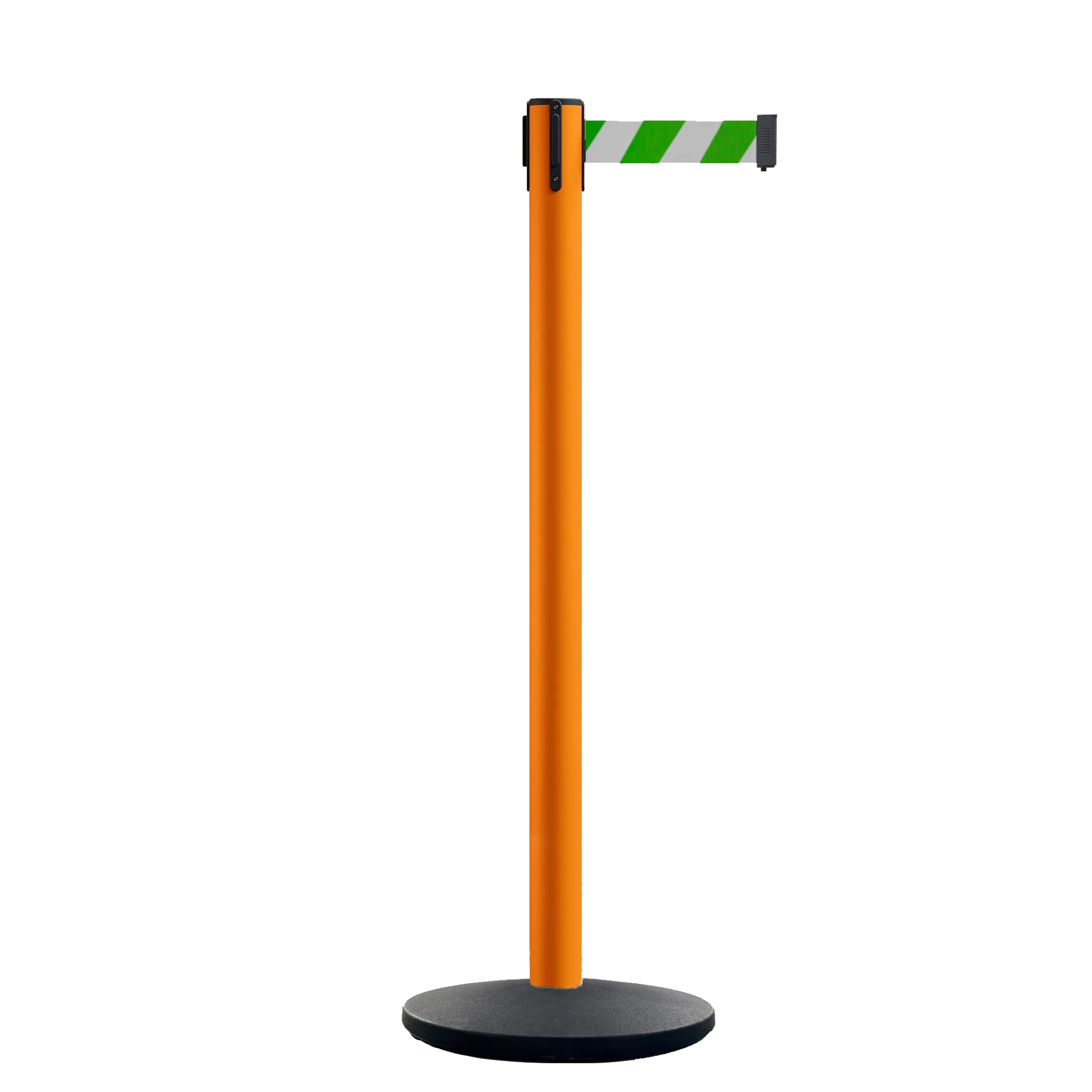 Retractable Belt Barrier Stanchion, Orange Post, Cast Iron Base, 13 Ft. Belt - Montour Line MSI630