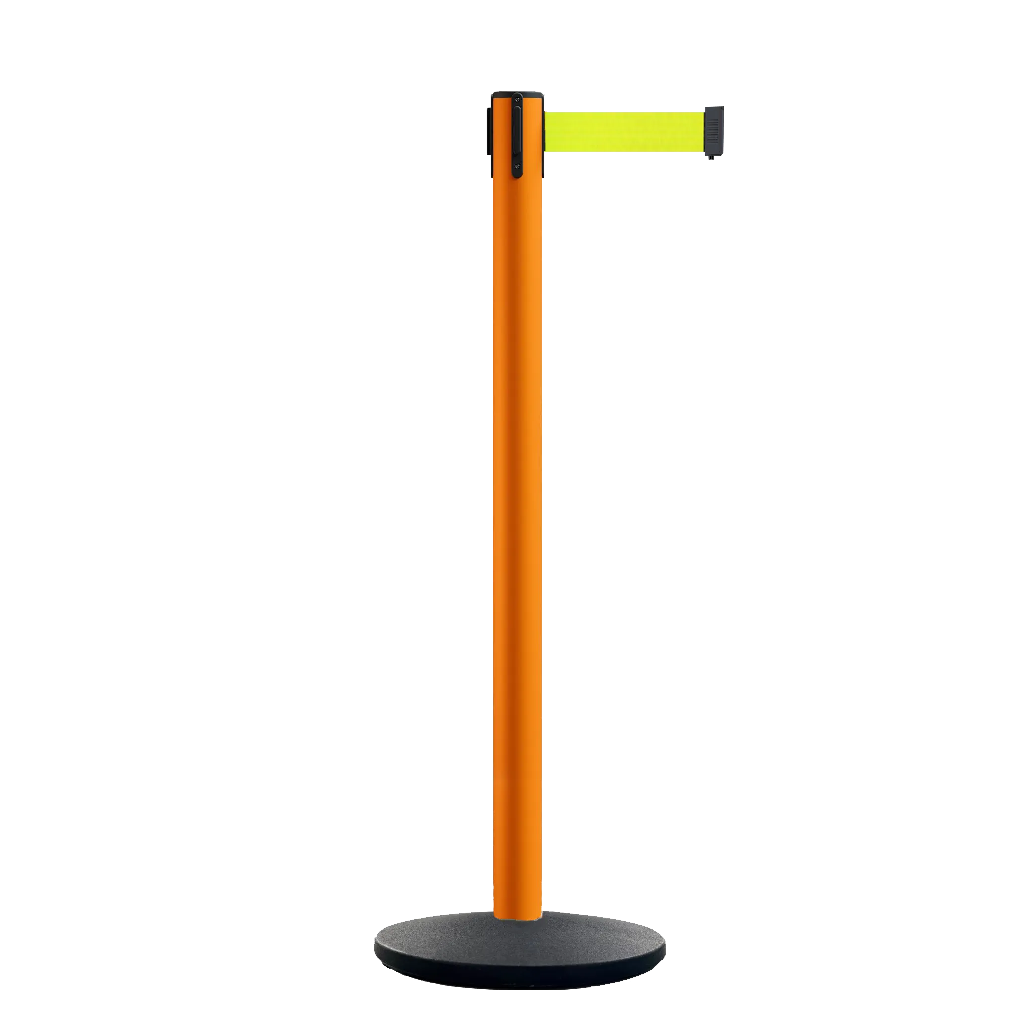 Retractable Belt Barrier Stanchion, Orange Post, Cast Iron Base, 13 Ft. Belt - Montour Line MSI630