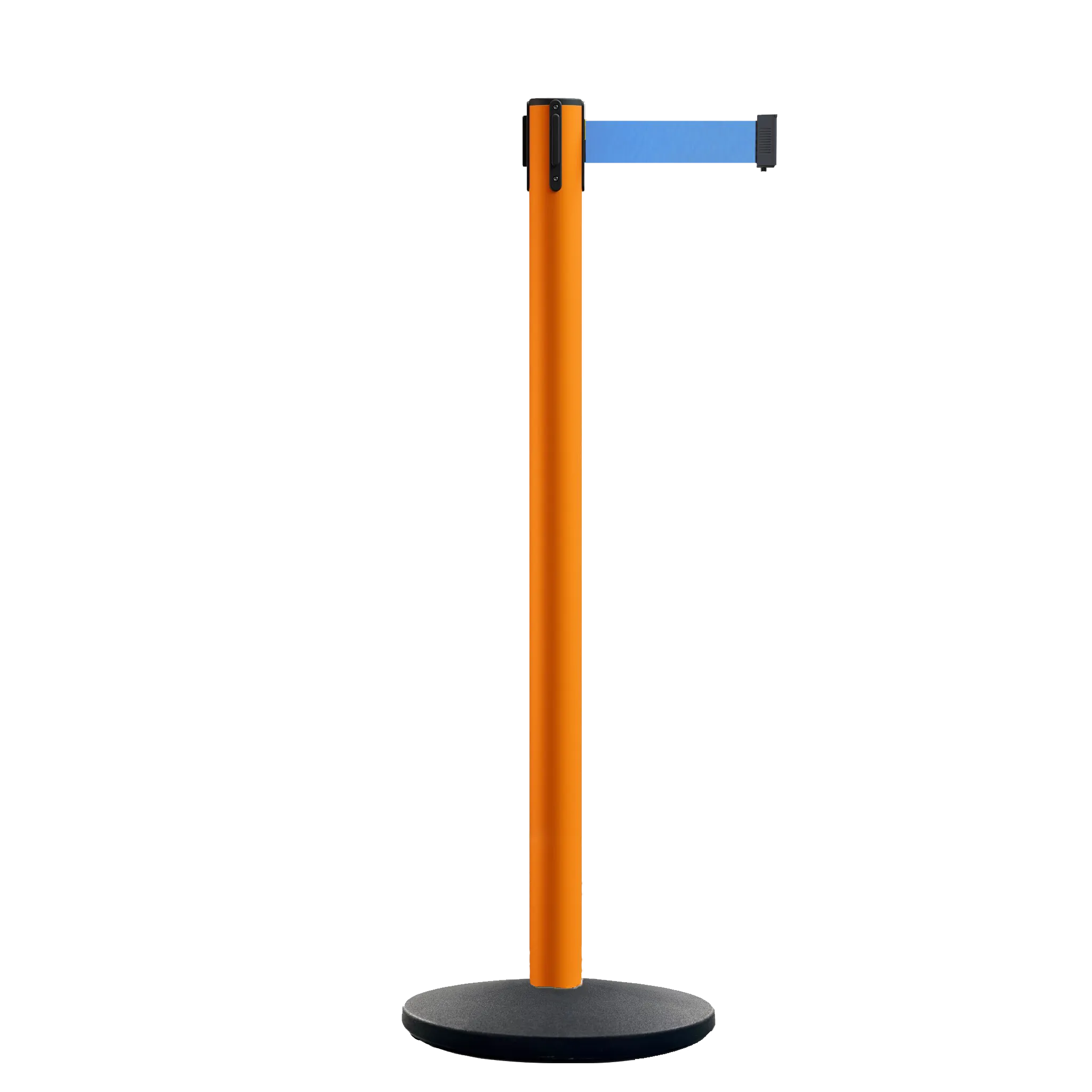 Retractable Belt Barrier Stanchion, Orange Post, Cast Iron Base, 13 Ft. Belt - Montour Line MSI630