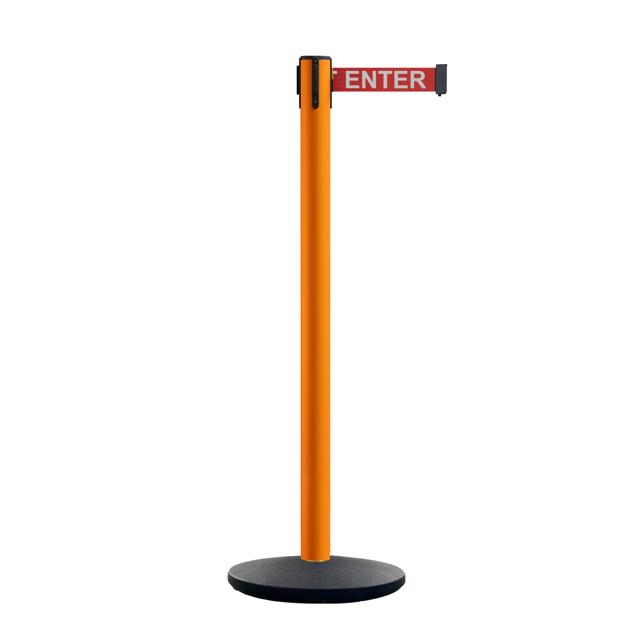 Retractable Belt Barrier Stanchion, Orange Post, Cast Iron Base, 13 Ft. Belt - Montour Line MSI630