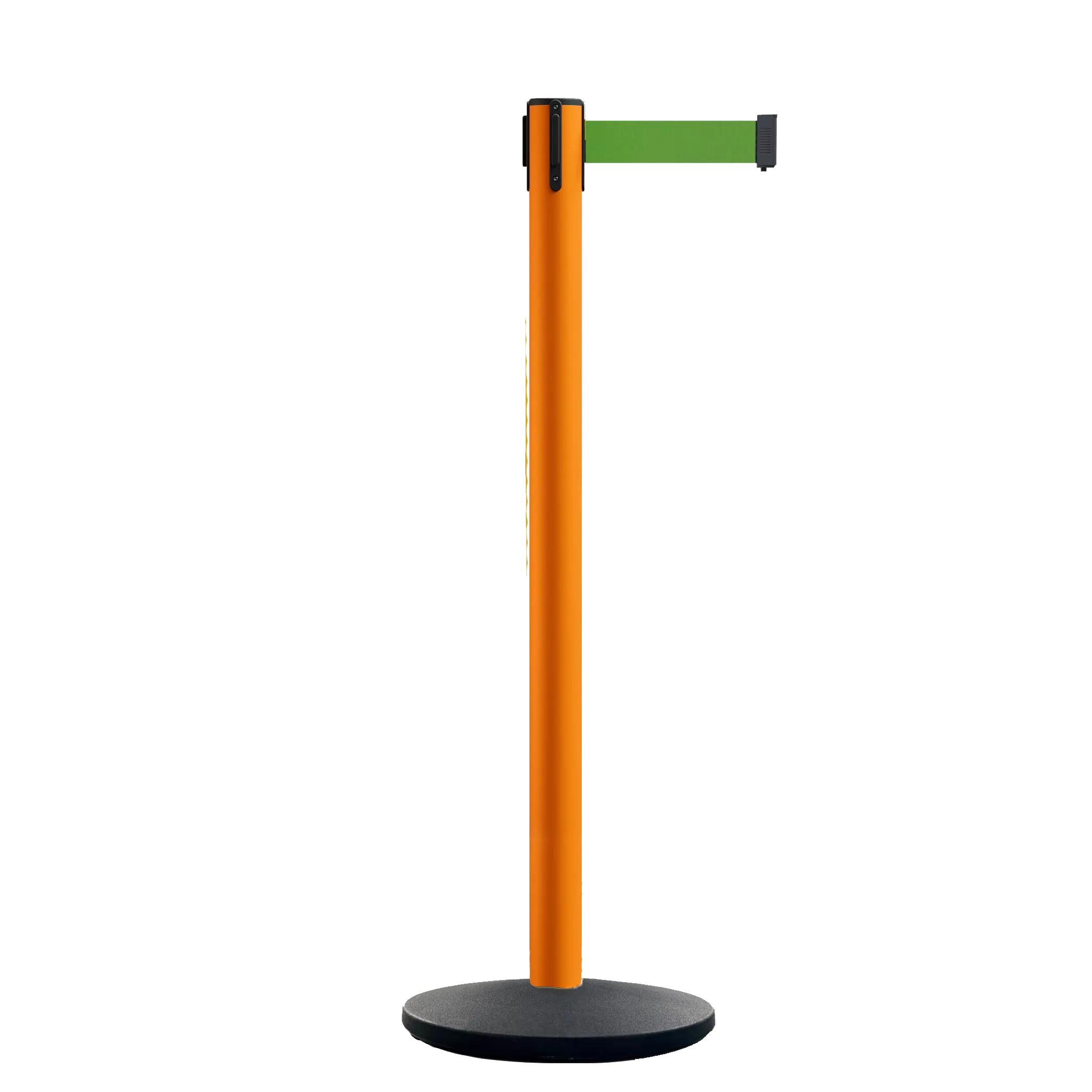 Retractable Belt Barrier Stanchion, Orange Post, Cast Iron Base, 13 Ft. Belt - Montour Line MSI630