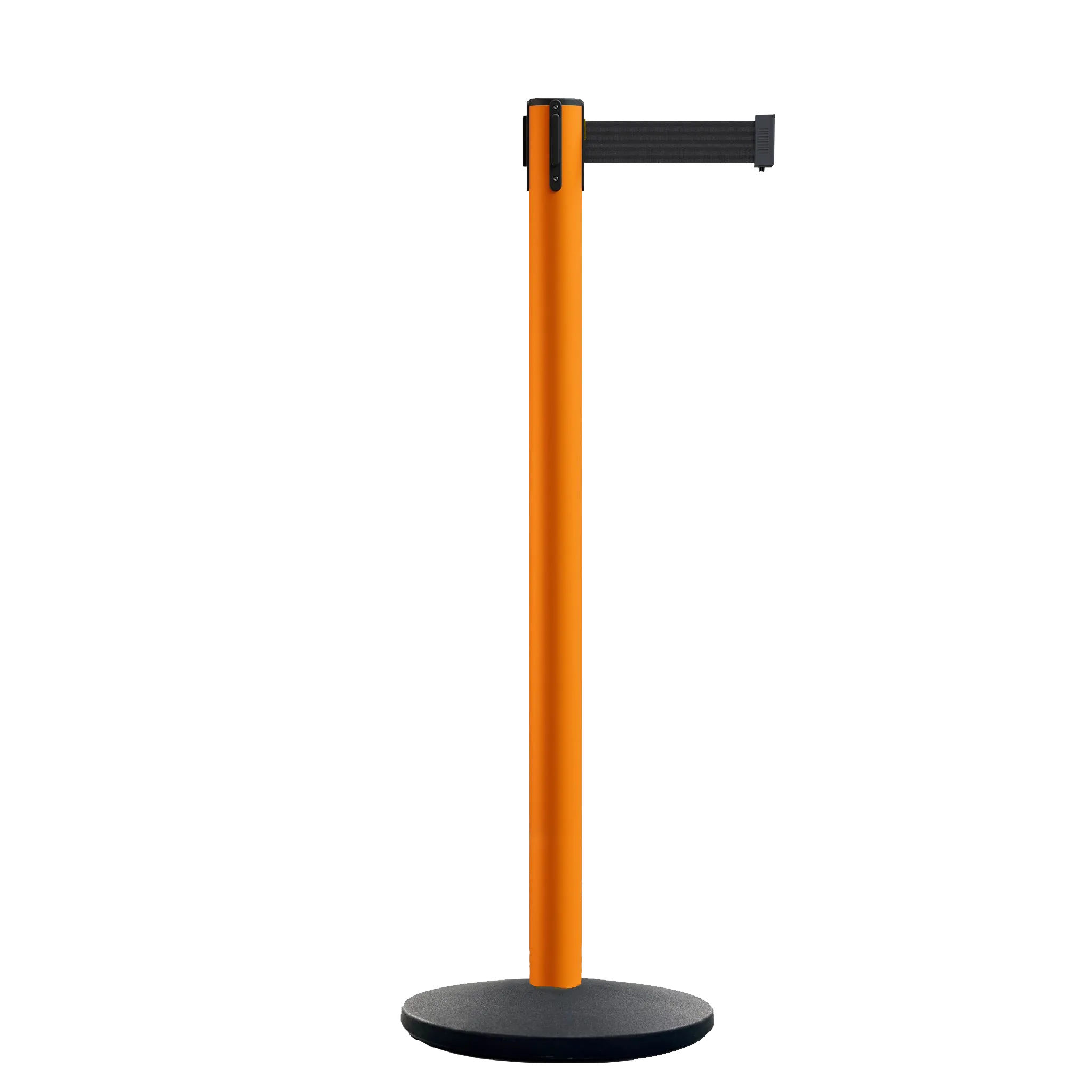 Retractable Belt Barrier Stanchion, Orange Post, Cast Iron Base, 13 Ft. Belt - Montour Line MSI630