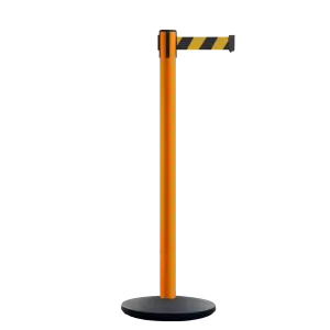 Retractable Belt Barrier Stanchion, Orange Post, Cast Iron Base, 13 Ft. Belt - Montour Line MSI630