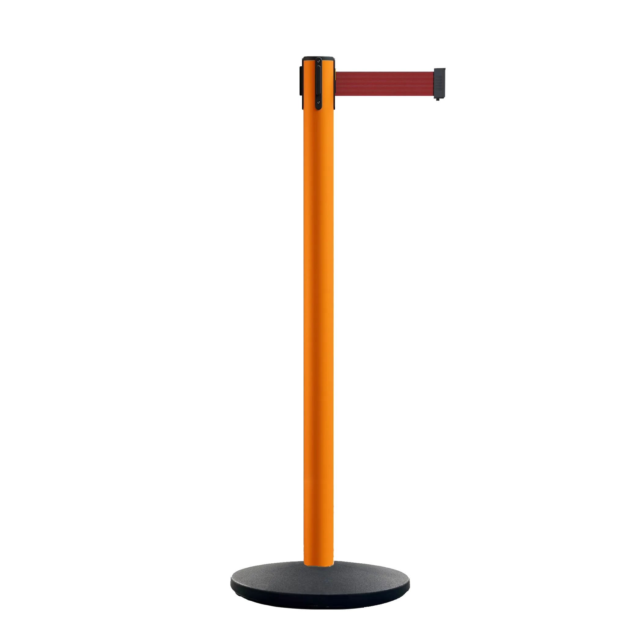 Retractable Belt Barrier Stanchion, Orange Post, Cast Iron Base, 13 Ft. Belt - Montour Line MSI630