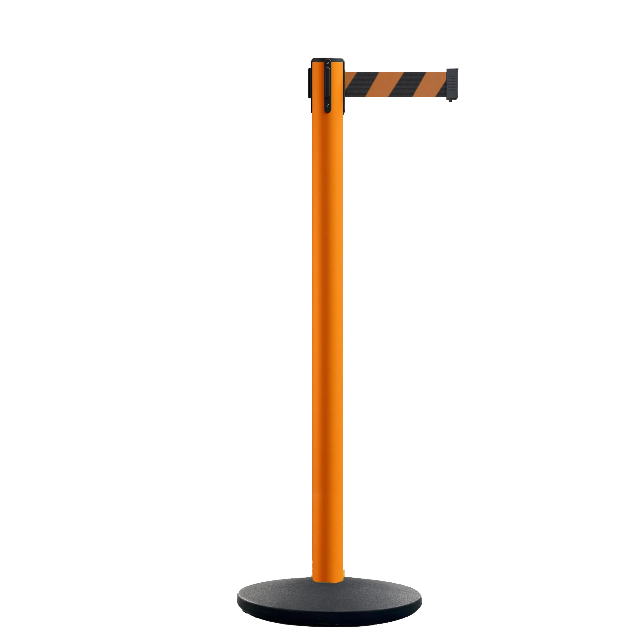 Retractable Belt Barrier Stanchion, Orange Post, Cast Iron Base, 13 Ft. Belt - Montour Line MSI630