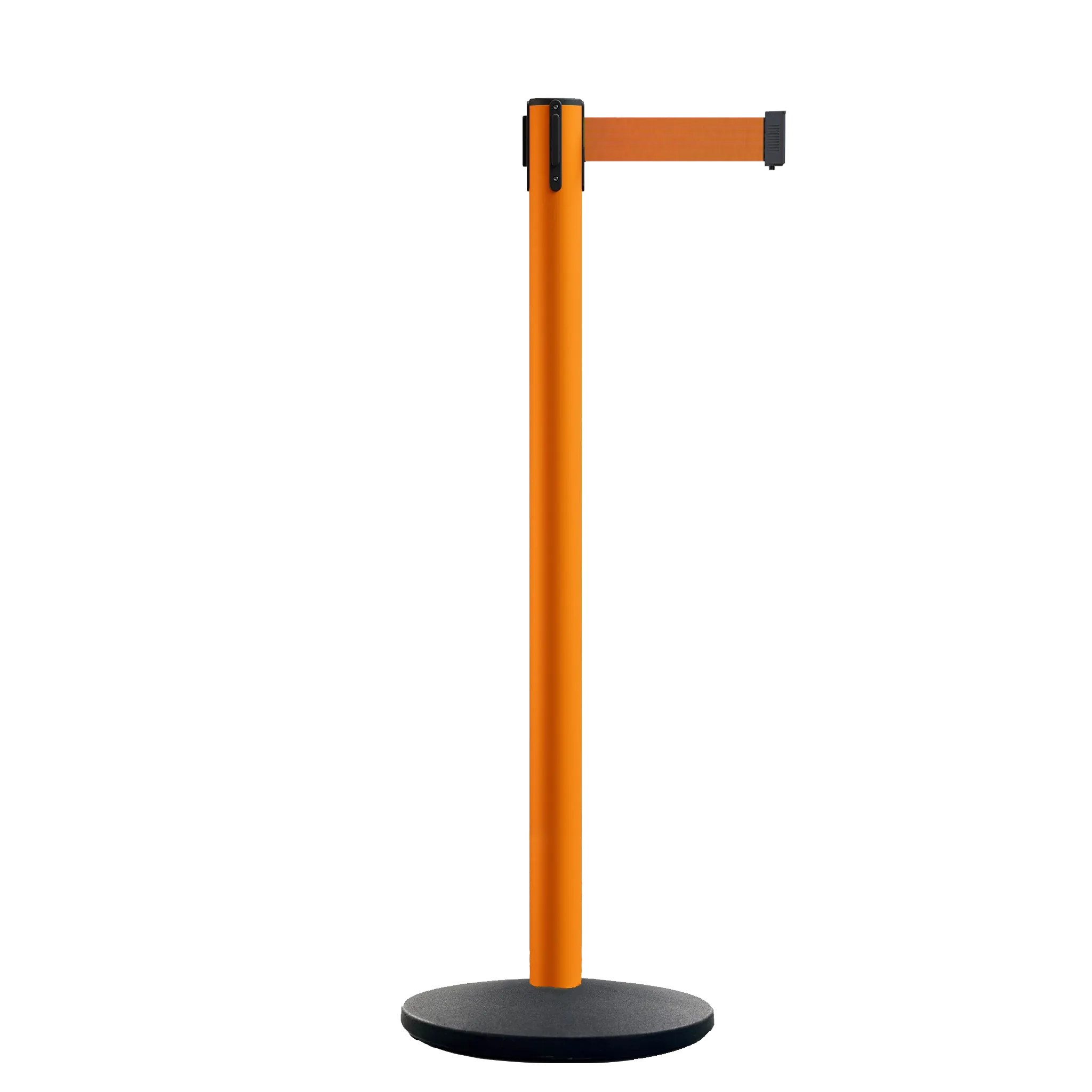 Retractable Belt Barrier Stanchion, Orange Post, Cast Iron Base, 13 Ft. Belt - Montour Line MSI630