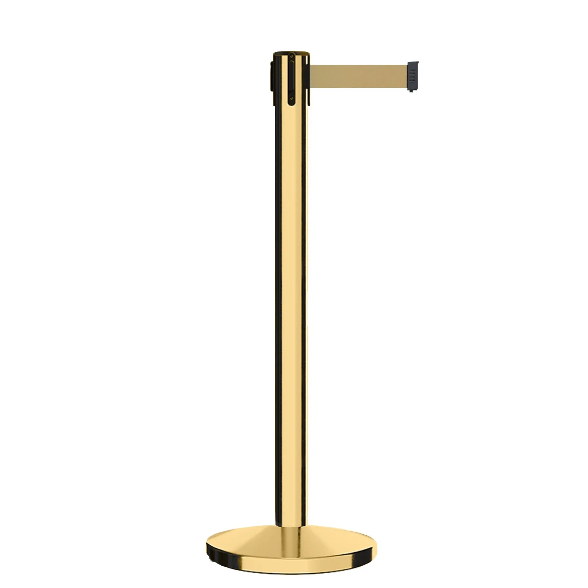 Retractable Belt Barrier Stanchion, Polished Brass Post, Cast Iron Base, 9 Ft. Belt - Montour Line MI630