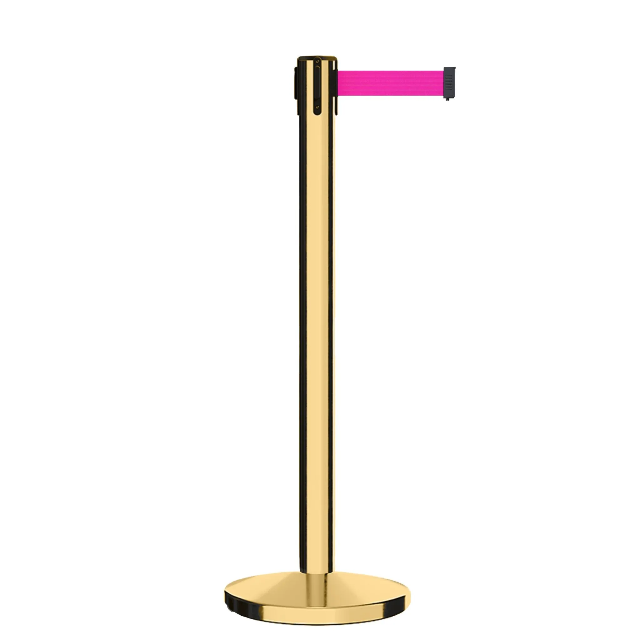 Retractable Belt Barrier Stanchion, Polished Brass Post, Cast Iron Base, 9 Ft. Belt - Montour Line MI630