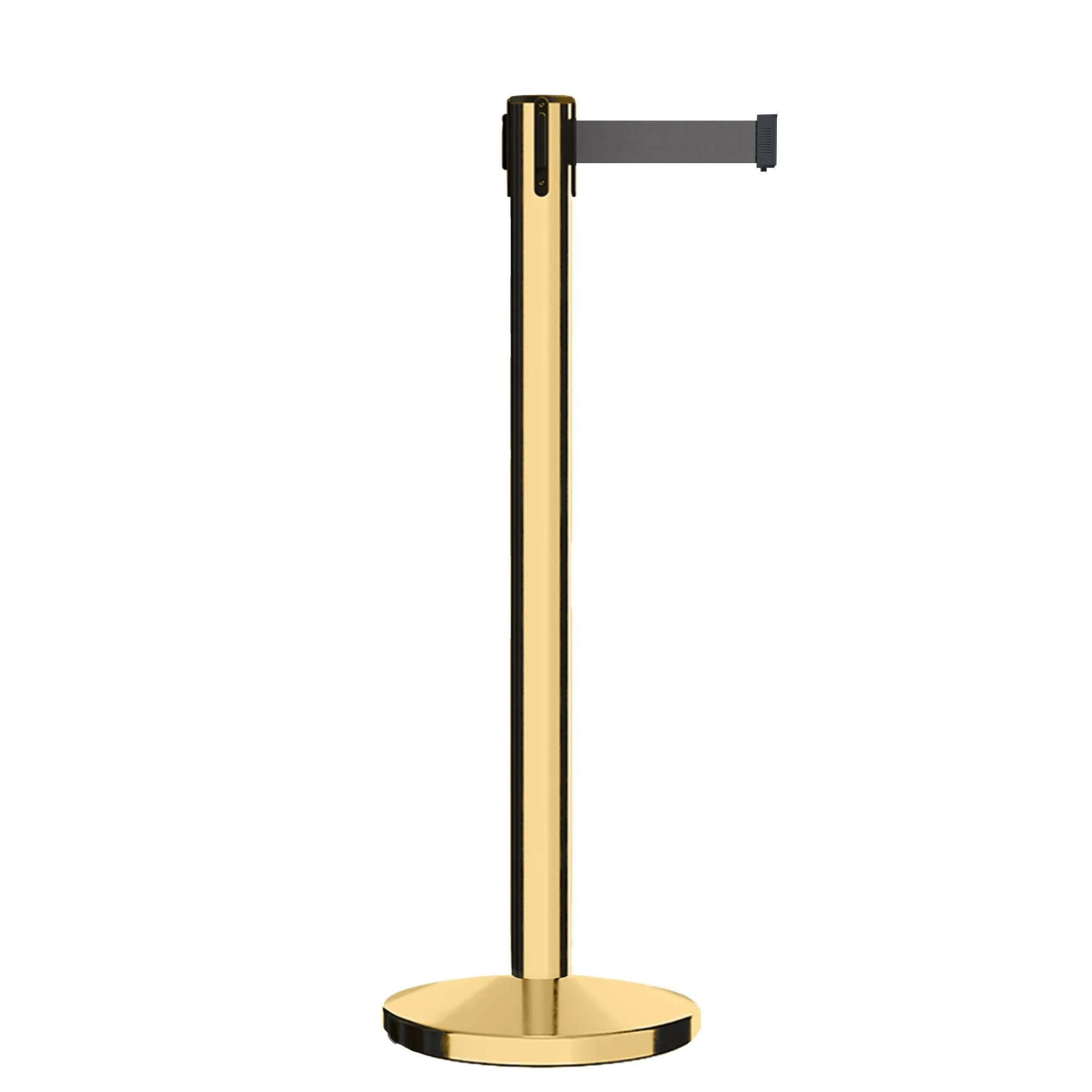 Retractable Belt Barrier Stanchion, Polished Brass Post, Cast Iron Base, 9 Ft. Belt - Montour Line MI630