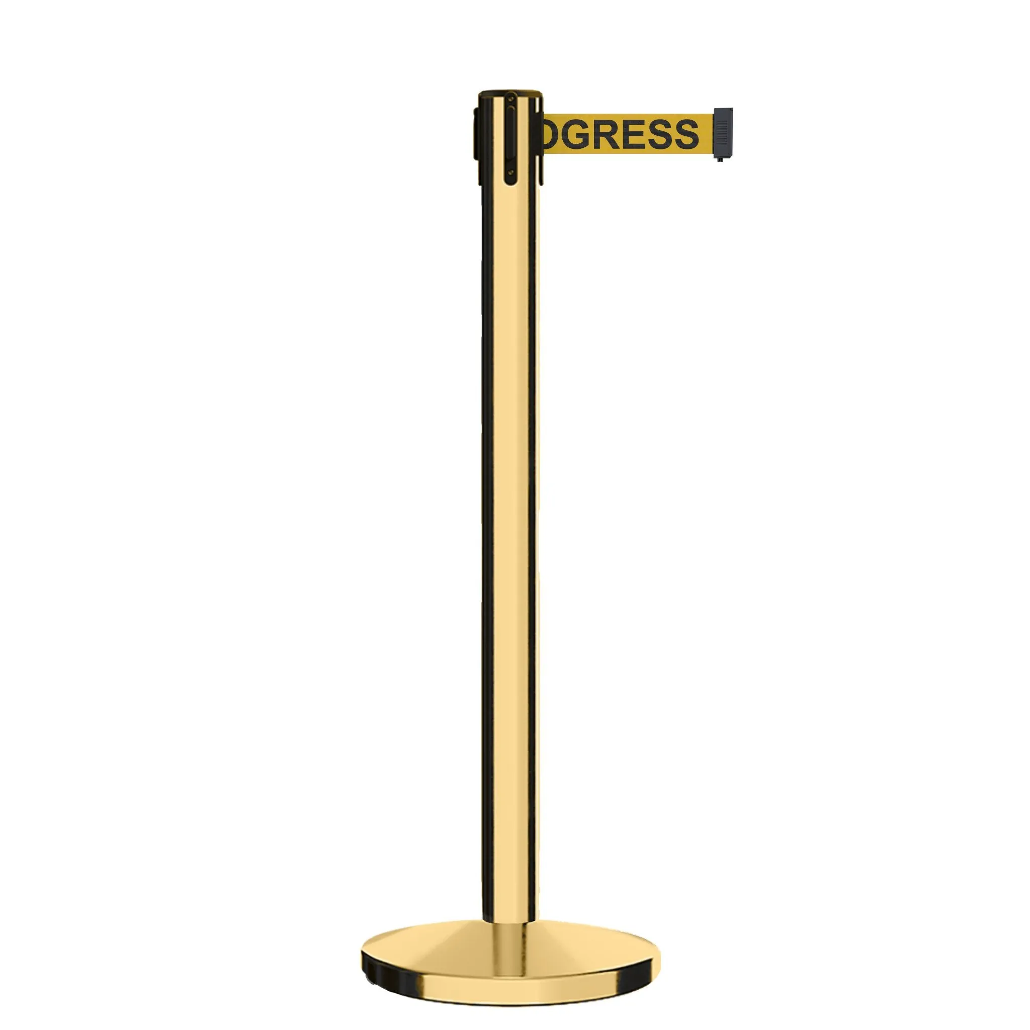 Retractable Belt Barrier Stanchion, Polished Brass Post, Cast Iron Base, 9 Ft. Belt - Montour Line MI630