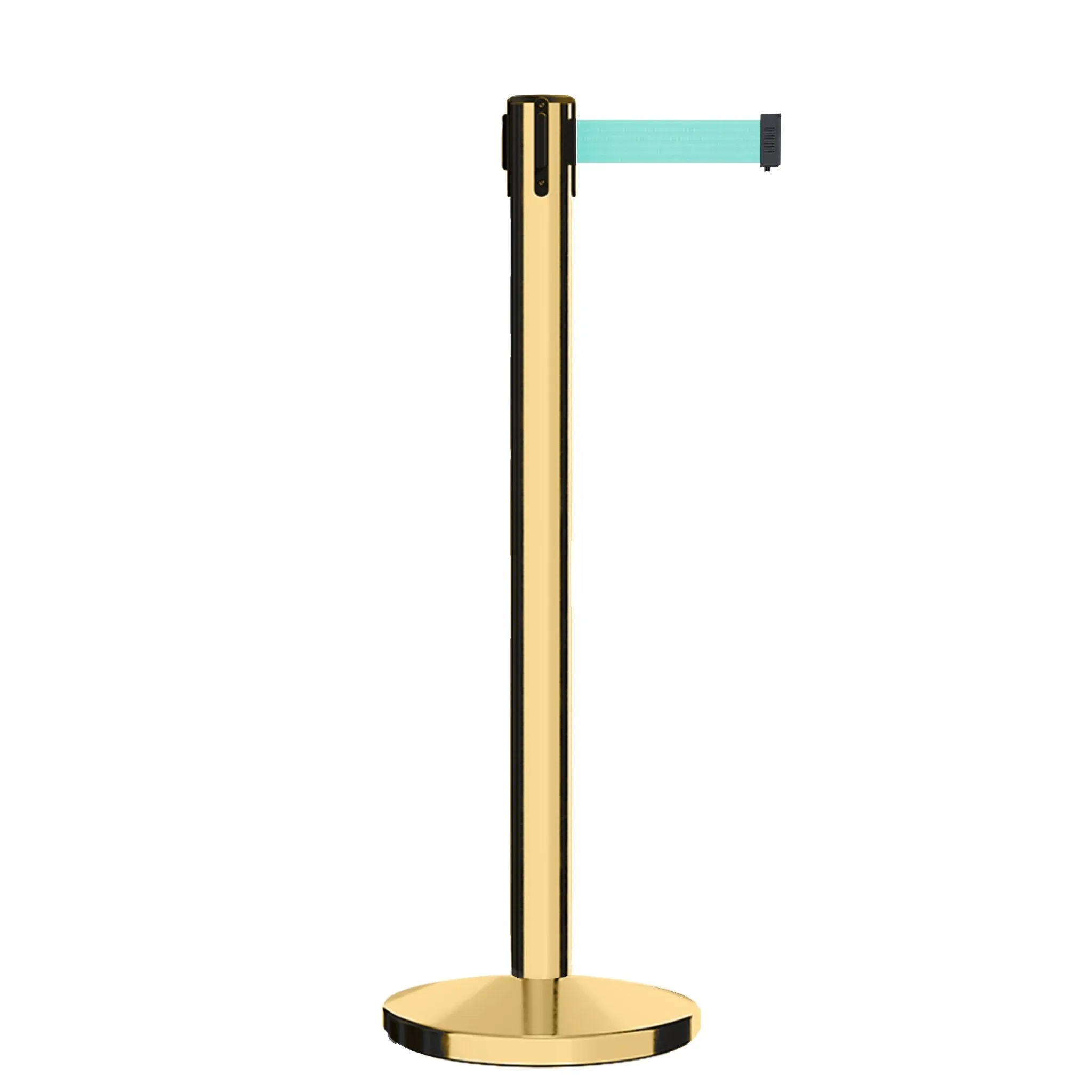 Retractable Belt Barrier Stanchion, Polished Brass Post, Cast Iron Base, 9 Ft. Belt - Montour Line MI630