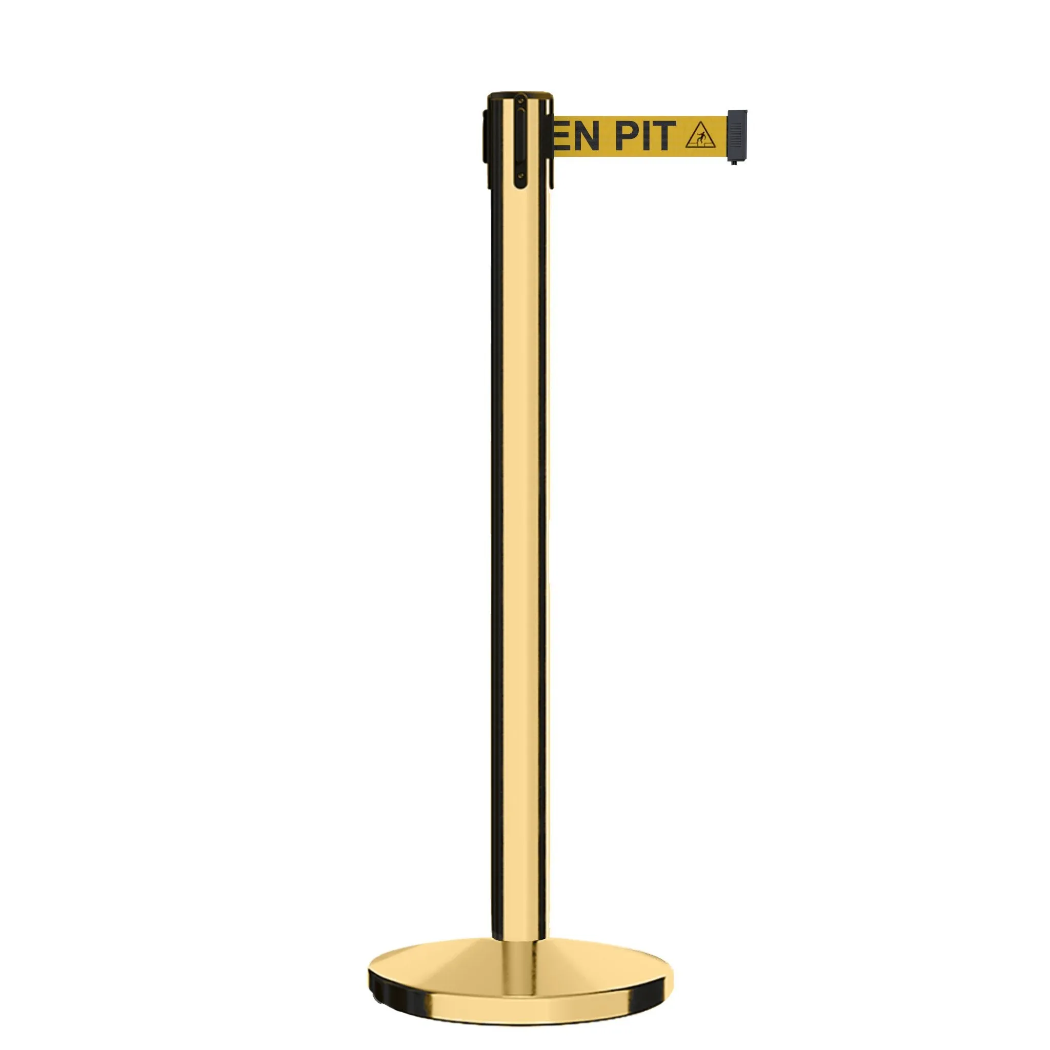 Retractable Belt Barrier Stanchion, Polished Brass Post, Cast Iron Base, 9 Ft. Belt - Montour Line MI630