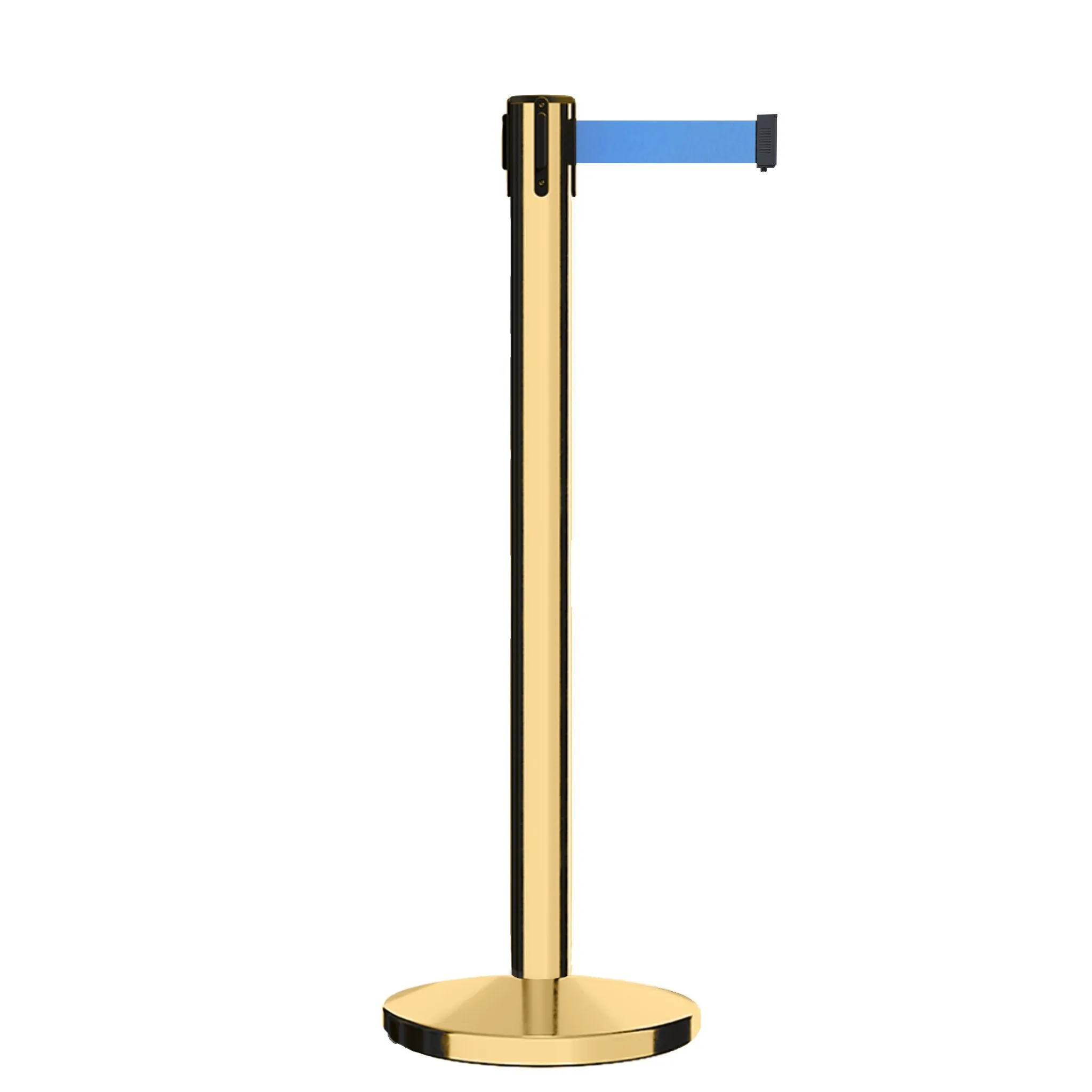 Retractable Belt Barrier Stanchion, Polished Brass Post, Cast Iron Base, 9 Ft. Belt - Montour Line MI630