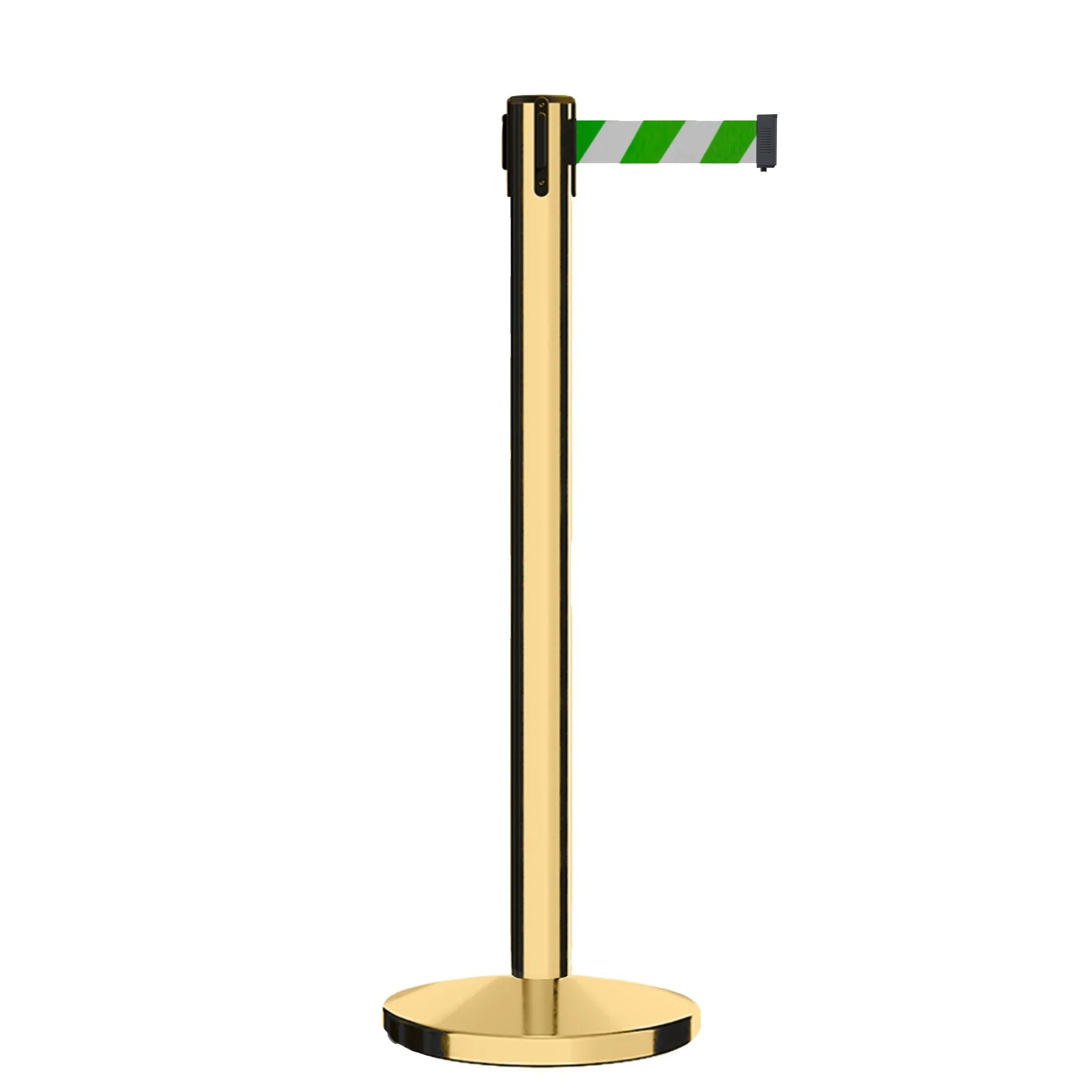 Retractable Belt Barrier Stanchion, Polished Brass Post, Cast Iron Base, 9 Ft. Belt - Montour Line MI630