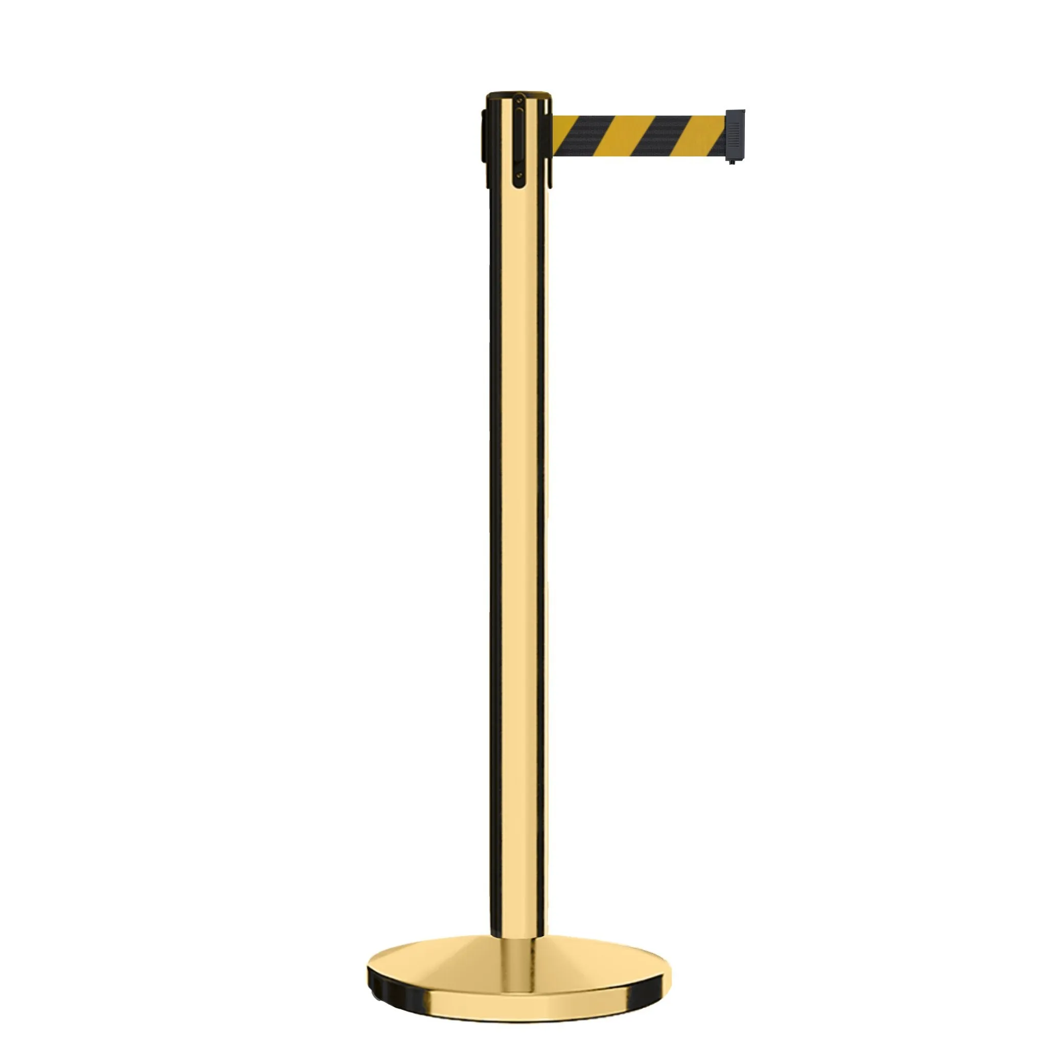 Retractable Belt Barrier Stanchion, Polished Brass Post, Cast Iron Base, 9 Ft. Belt - Montour Line MI630