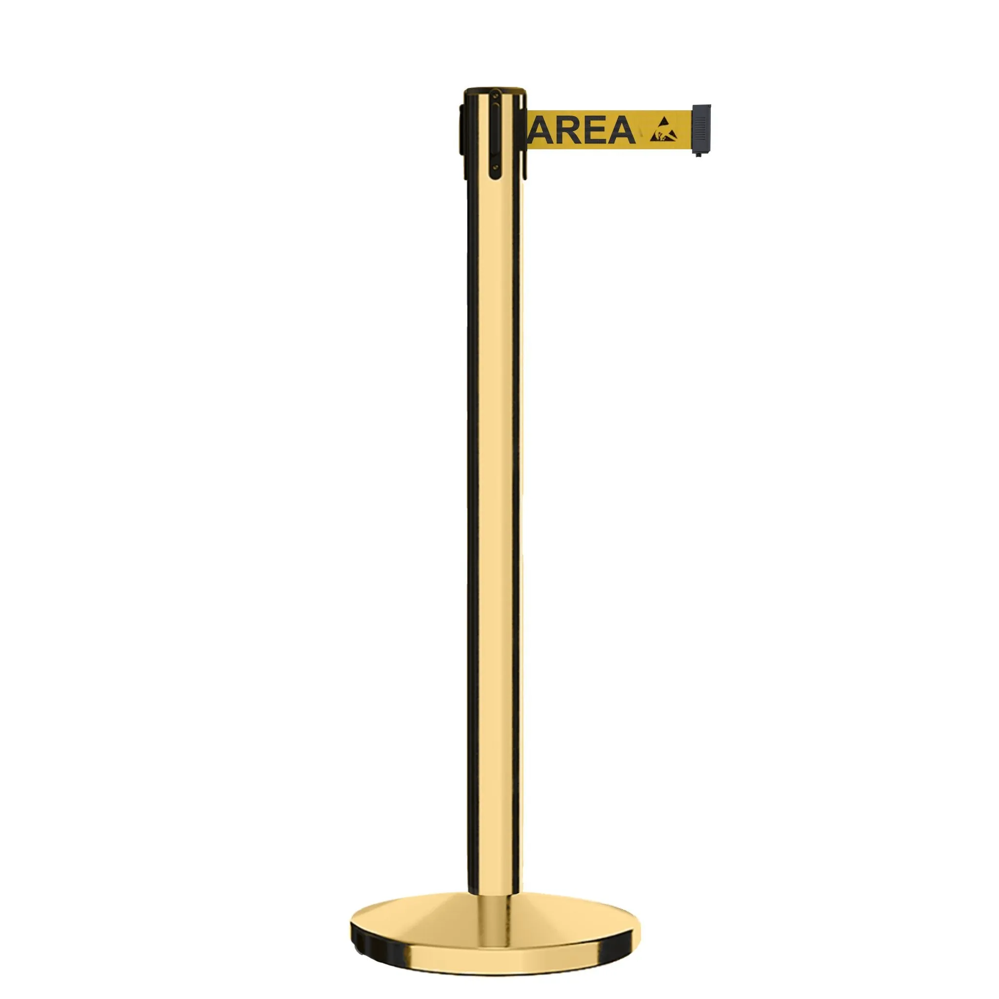 Retractable Belt Barrier Stanchion, Polished Brass Post, Cast Iron Base, 9 Ft. Belt - Montour Line MI630