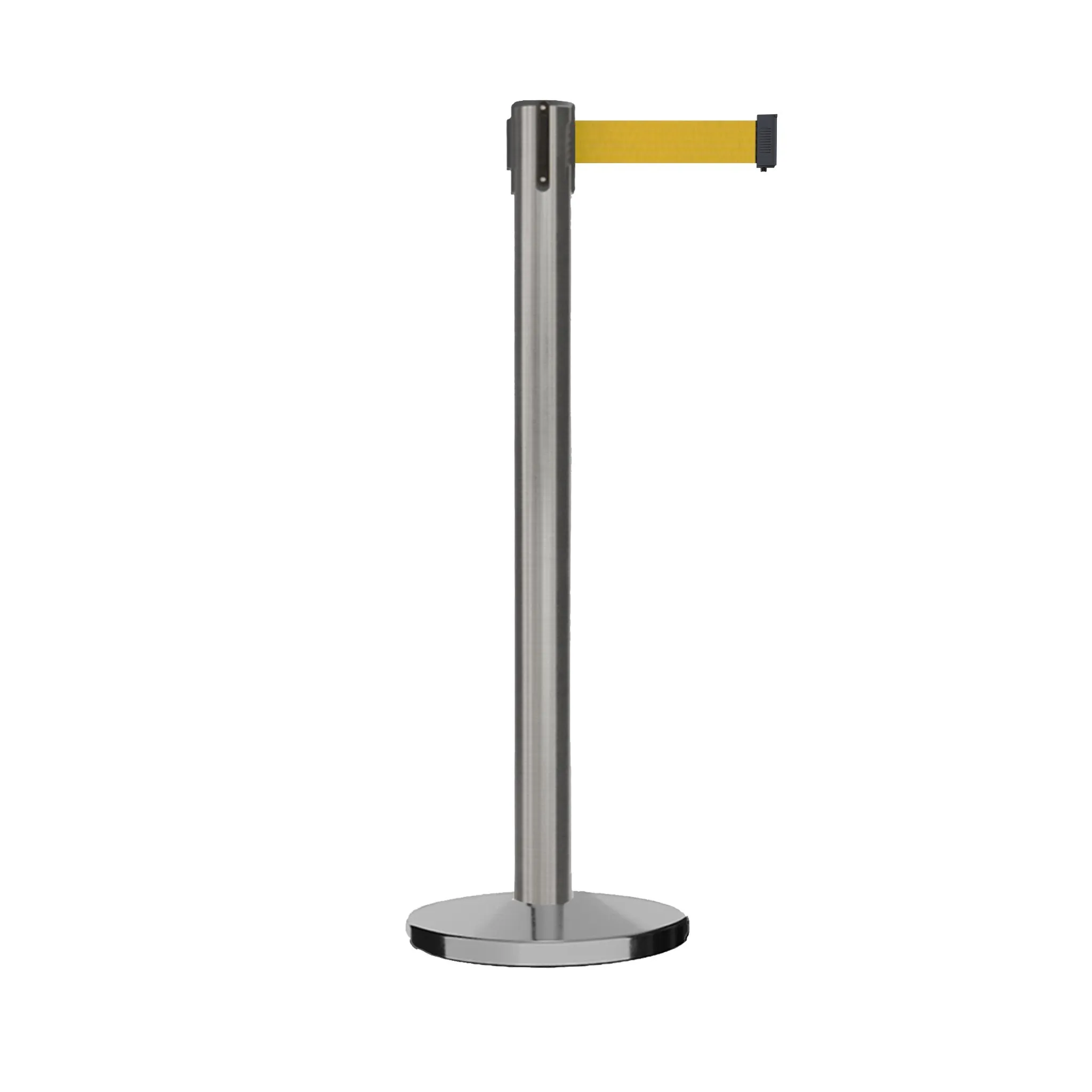 Retractable Belt Barrier Stanchion, Satin Stainless Steel Post with Heavy Duty Cast Iron Base, 16 ft Belt – Montour Line MI650