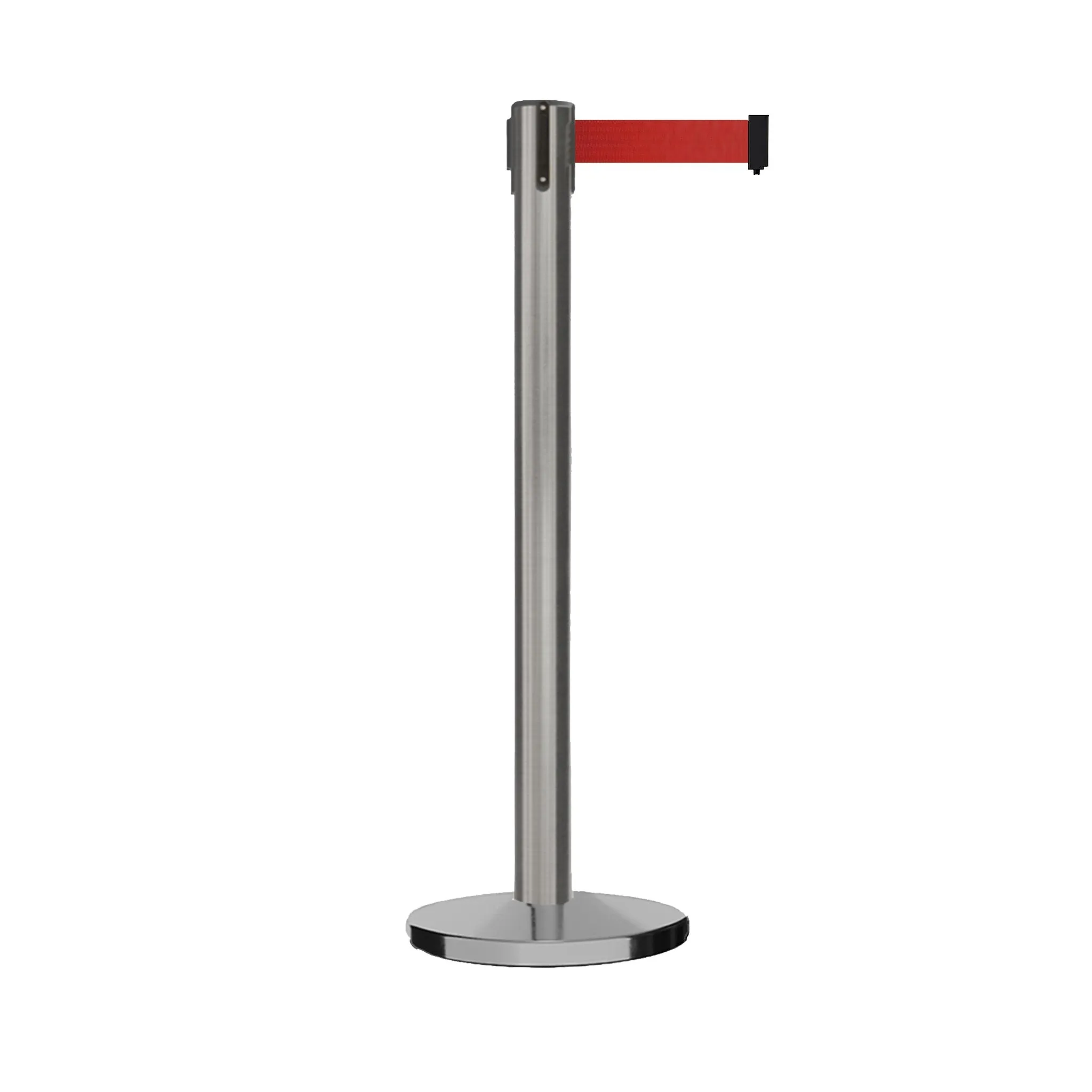 Retractable Belt Barrier Stanchion, Satin Stainless Steel Post with Heavy Duty Cast Iron Base, 16 ft Belt – Montour Line MI650