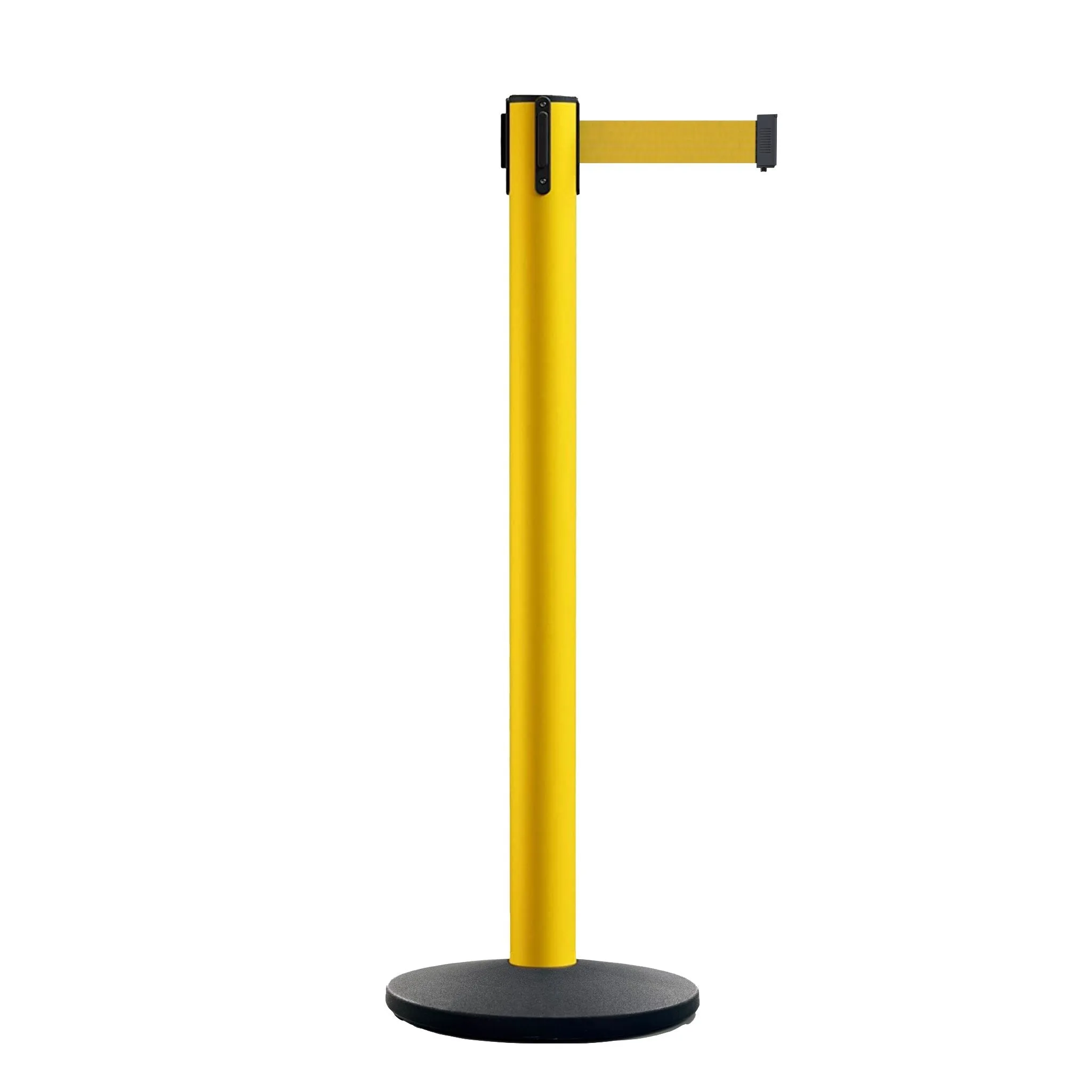 Retractable Belt Barrier Stanchion, Satin Stainless Steel Post with Heavy Duty Cast Iron Base, 16 ft Belt – Montour Line MI650