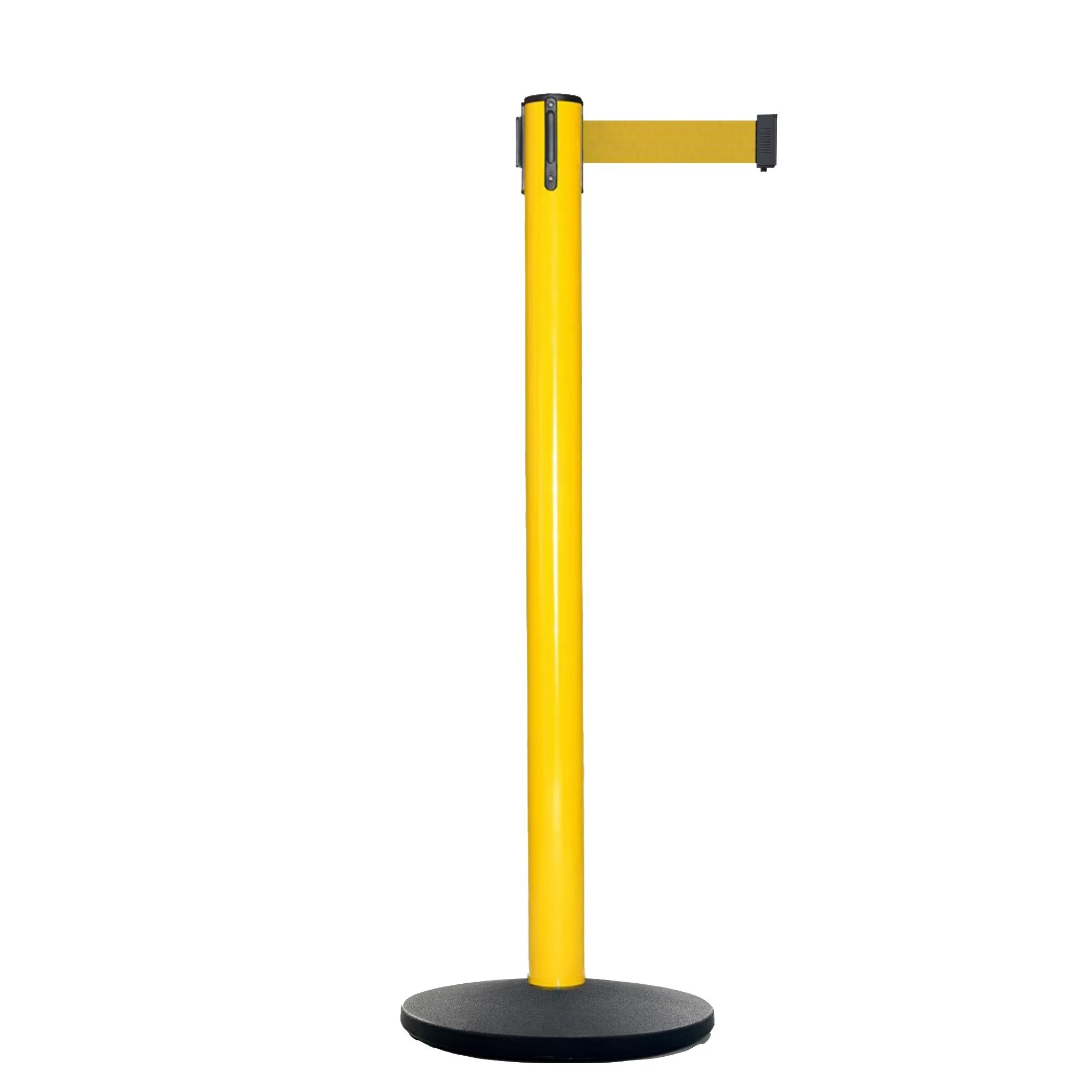 Retractable Belt Barrier Stanchion, Satin Stainless Steel Post with Heavy Duty Cast Iron Base, 16 ft Belt – Montour Line MI650