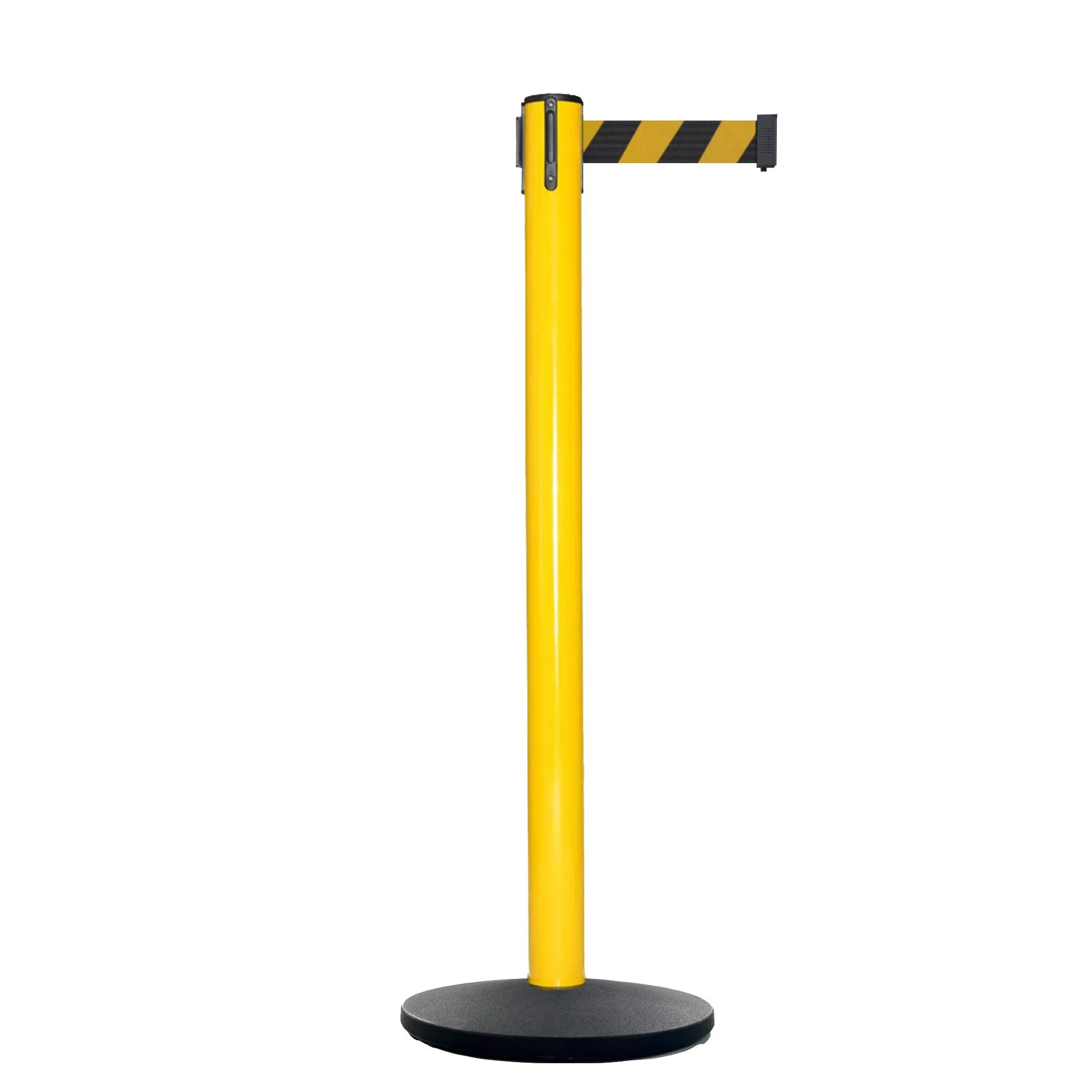 Retractable Belt Barrier Stanchion, Satin Stainless Steel Post with Heavy Duty Cast Iron Base, 16 ft Belt – Montour Line MI650