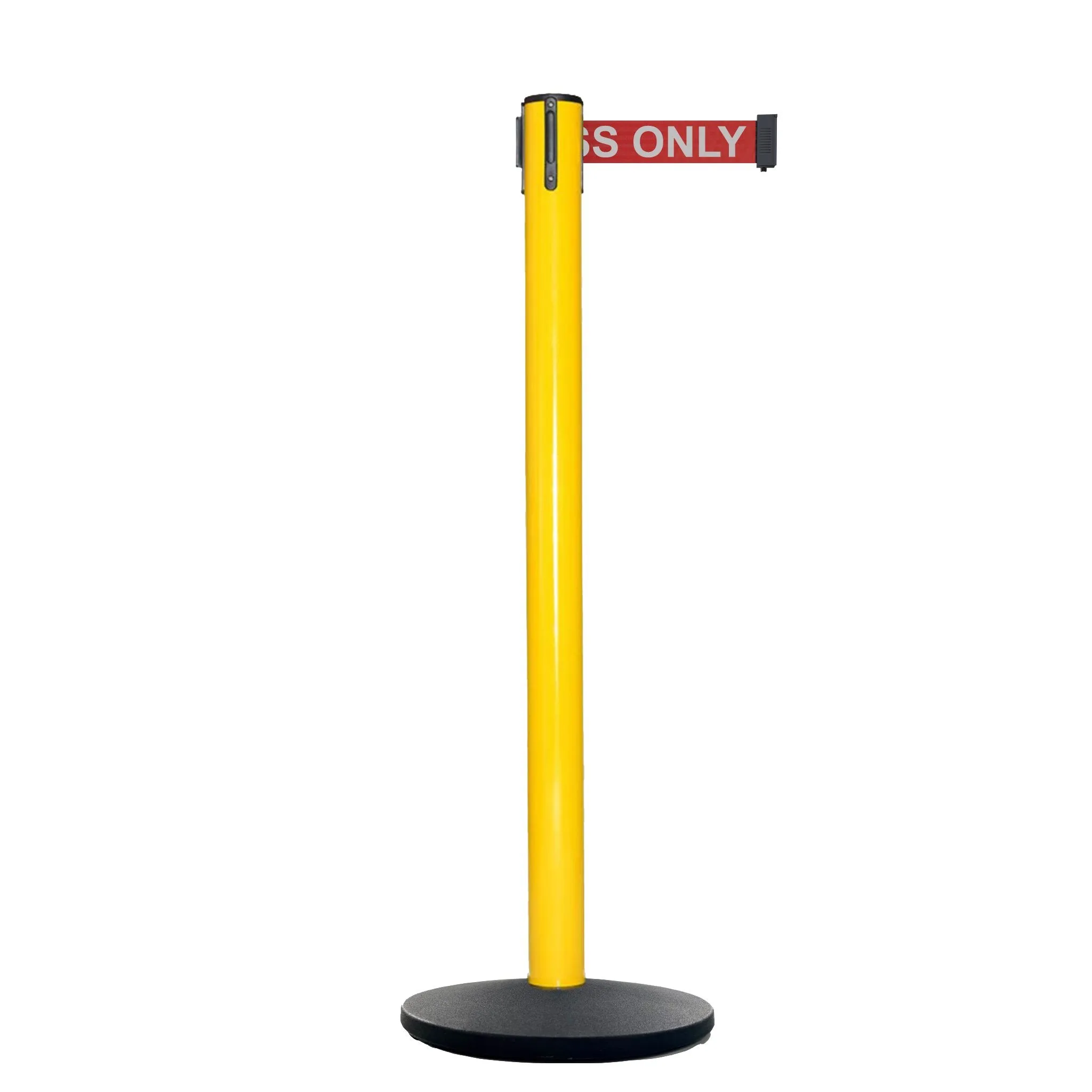 Retractable Belt Barrier Stanchion, Satin Stainless Steel Post with Heavy Duty Cast Iron Base, 16 ft Belt – Montour Line MI650