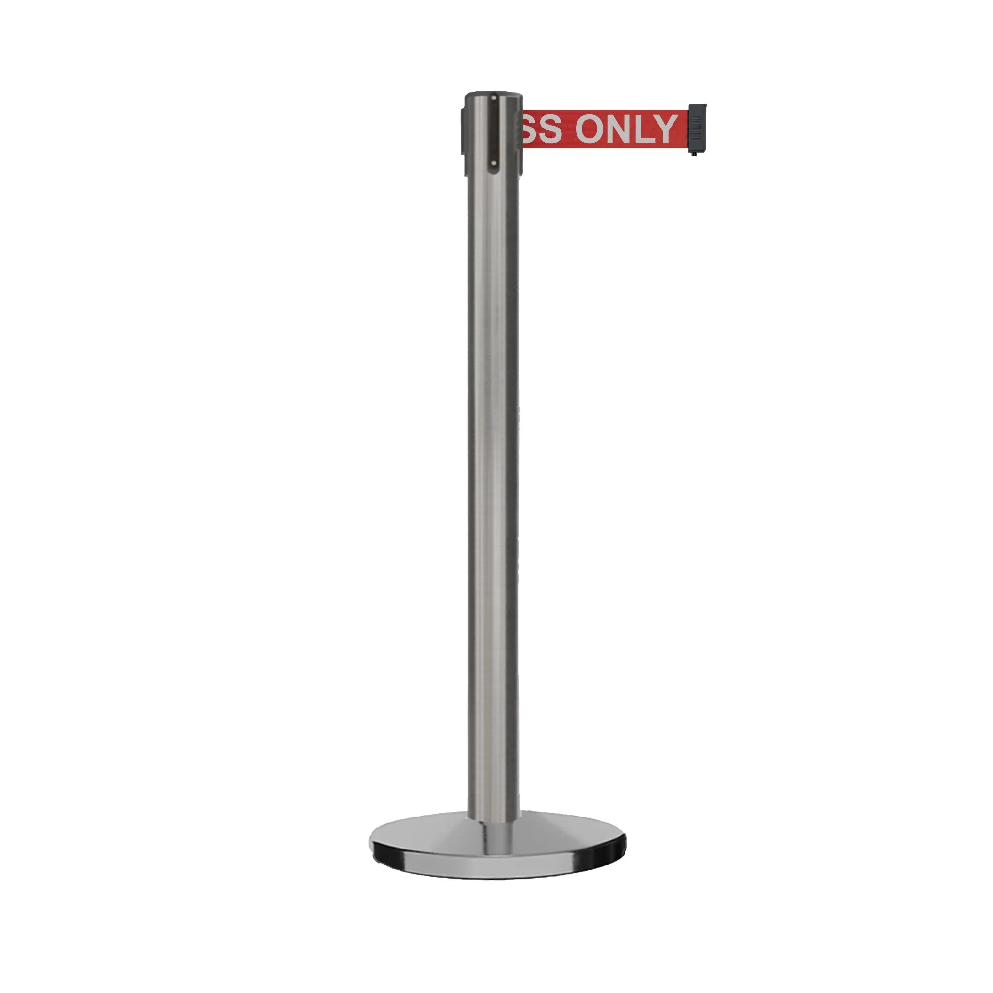 Retractable Belt Barrier Stanchion, Satin Stainless Steel Post with Heavy Duty Cast Iron Base, 16 ft Belt – Montour Line MI650